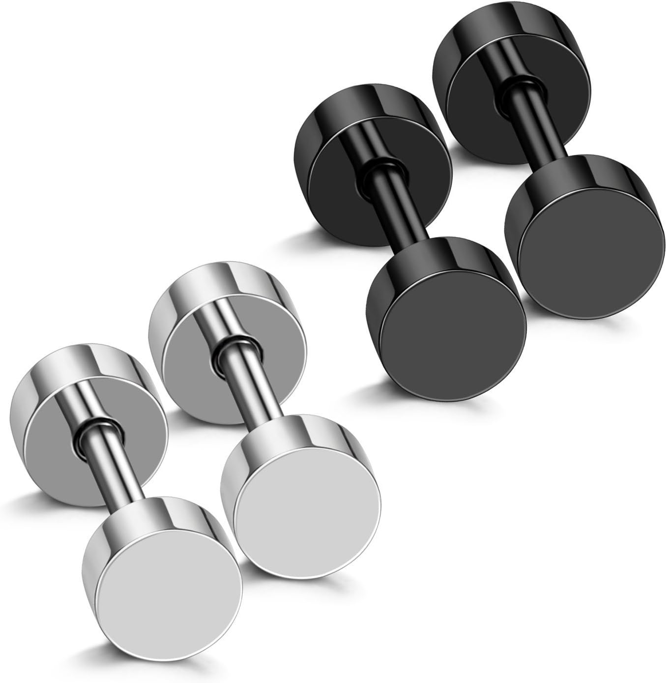 JEWELRIESHOP Black Earrings Men Dot Studs Fake Gauges Plugs Earring Stainless Steel Circle Disc Flat Back Cheater Tunnel Dumbbell Earrings Women (18G,2 Pairs,3Mm-14Mm,Black and Silver)