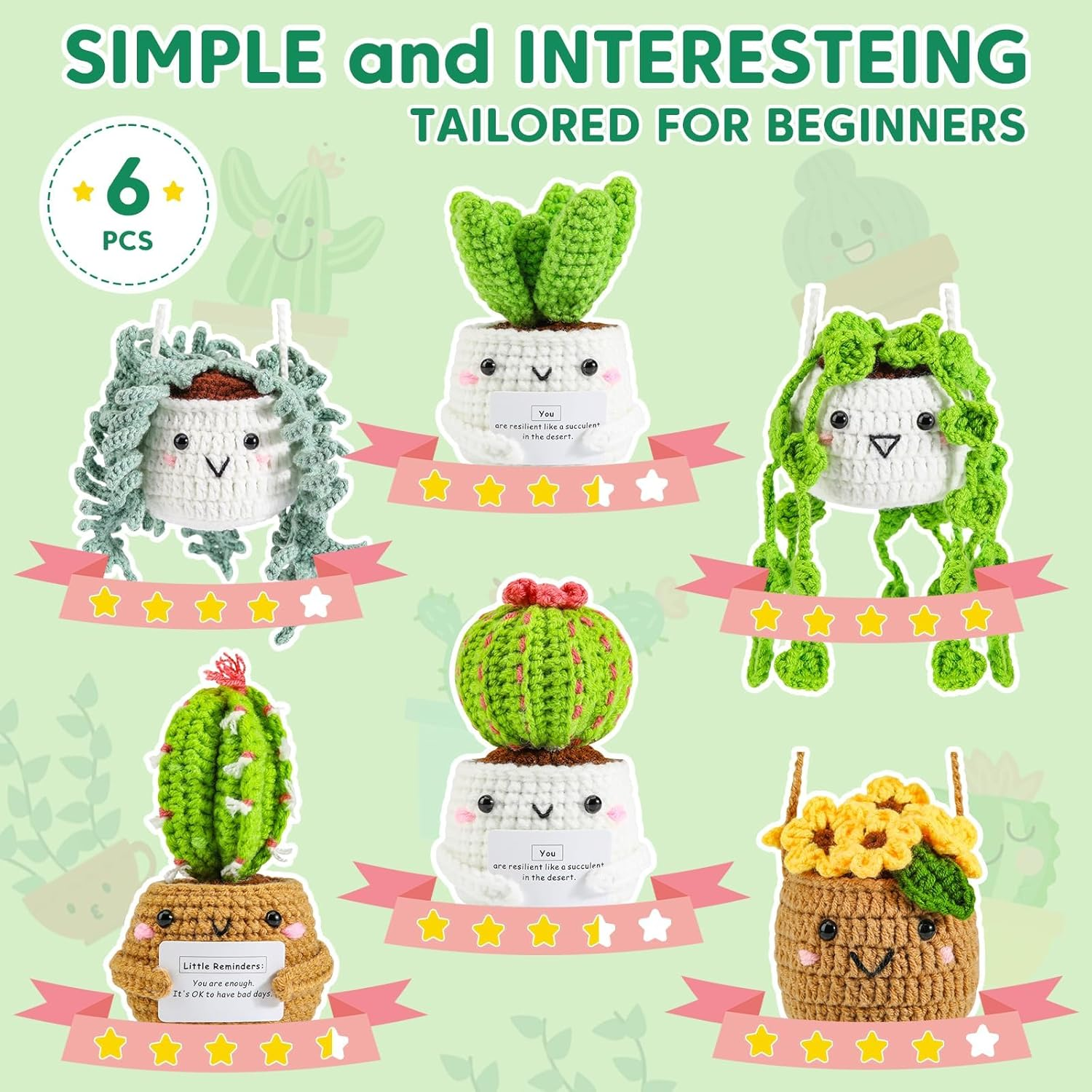 Crochet Kit for Beginners | Emotional Support Succulent Crochet & Knitting Kit with Step by Step Video Lessons | 6 PC Succulent Crochet Kit with Crochet Accessories(40%+ Yarn) image number 5