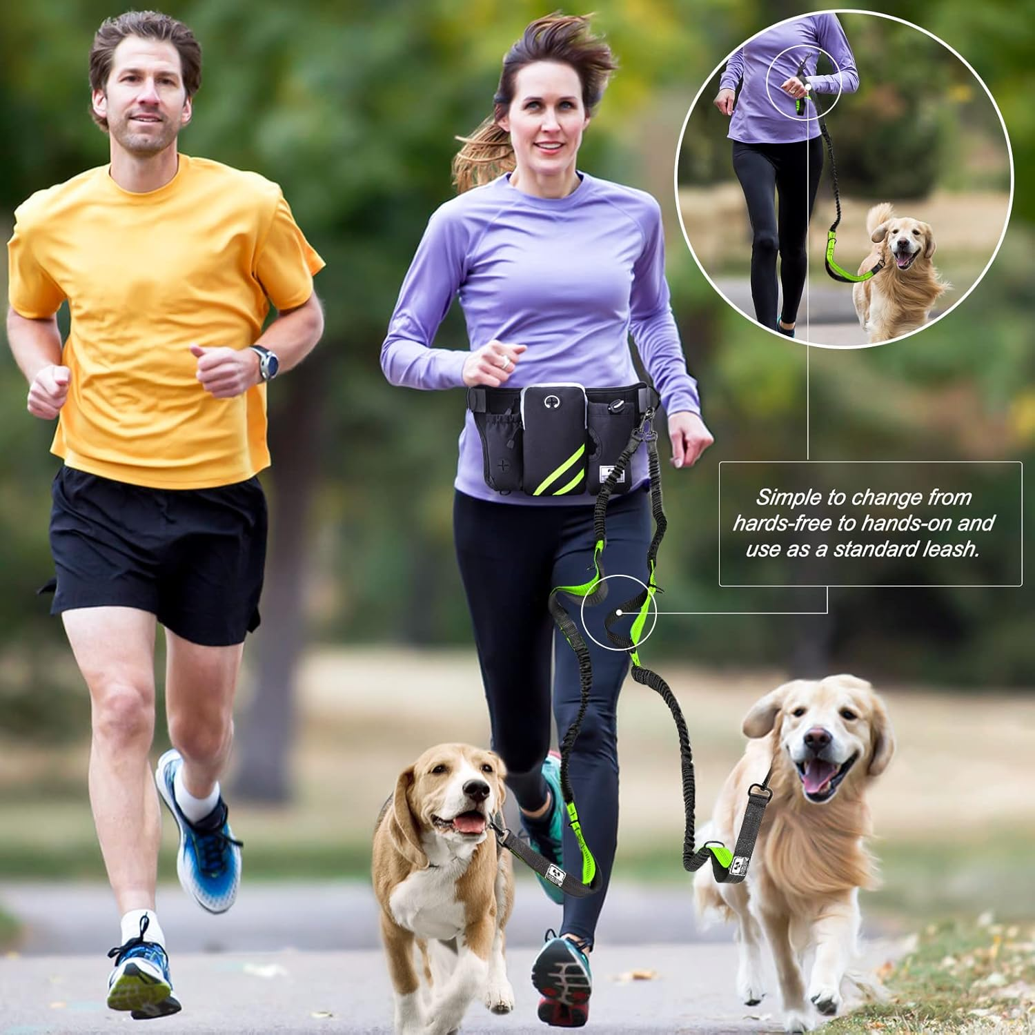 Shine HAI Retractable Hands Free Dog Leash with Dual Bungees for 2 Dogs, Adjustable Waist Belt, Reflective Stitching Leash for Running Walking Hiking Jogging Biking Black - Green MA-US22-DL image number 2