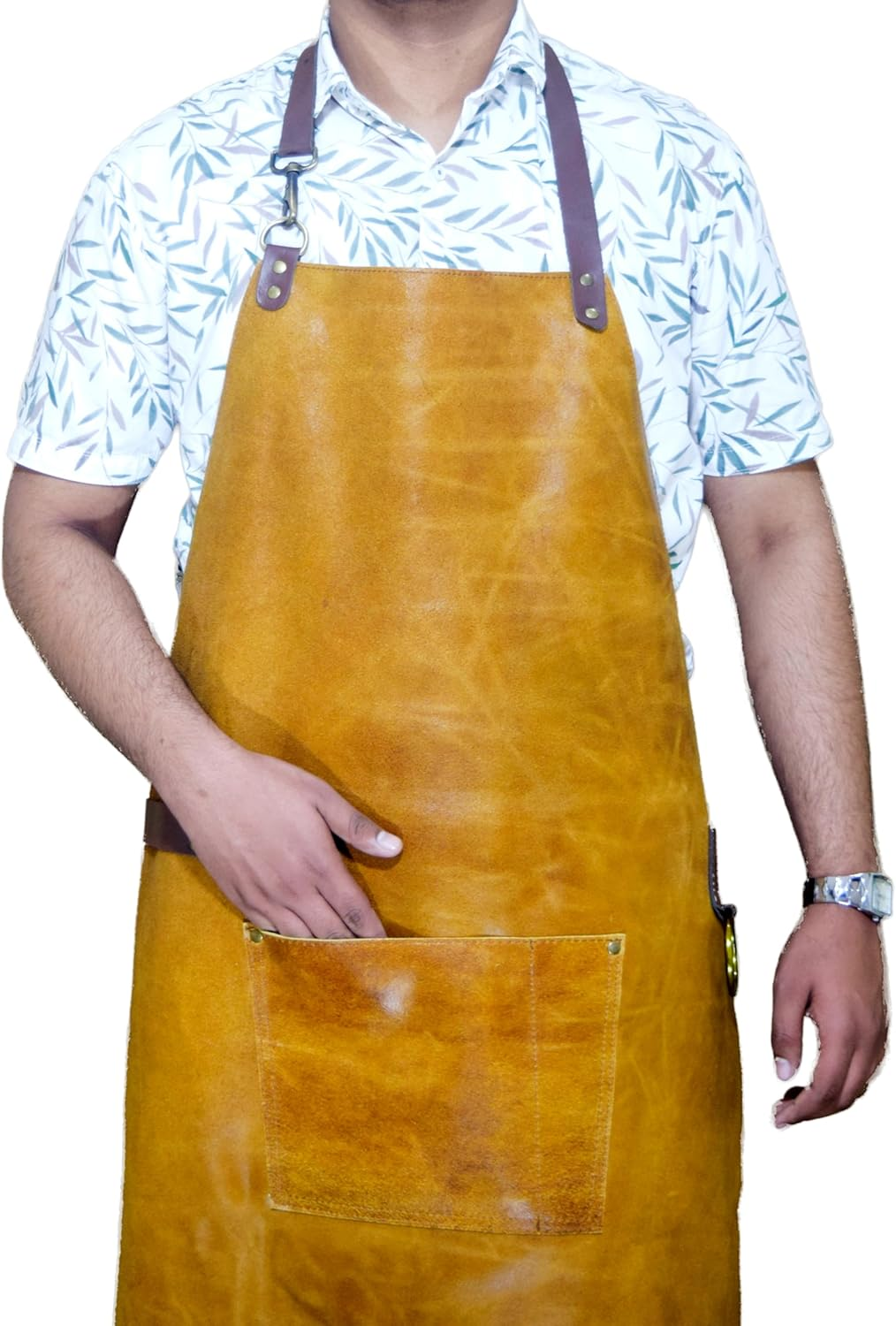 Premium Dual-Tone Yellow Leather Apron 36"X26" &ndash; Vintage Heavy-Duty Work Apron with Adjustable Straps, Brass Hardware & Tool Pockets &ndash; for BBQ, Bartending, Blacksmithing & Woodworking image number 2