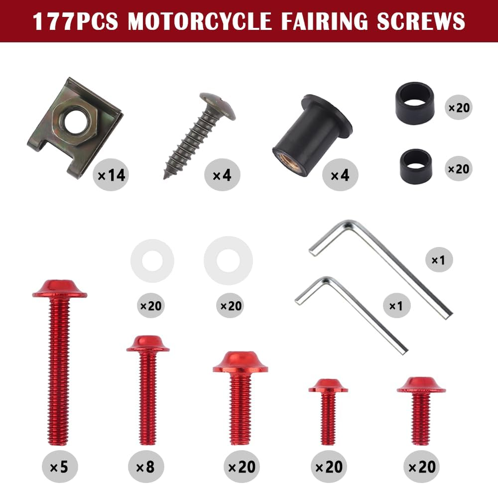 177PCS Motorcycle Fairing Bolt Kit,M5 M6 Aluminum Screws Bolts Fasteners of Fairings for Motorcycle Accessories,Universal Motorcycle Windshield Bolts,Professional Auto Parts (Red) image number 6