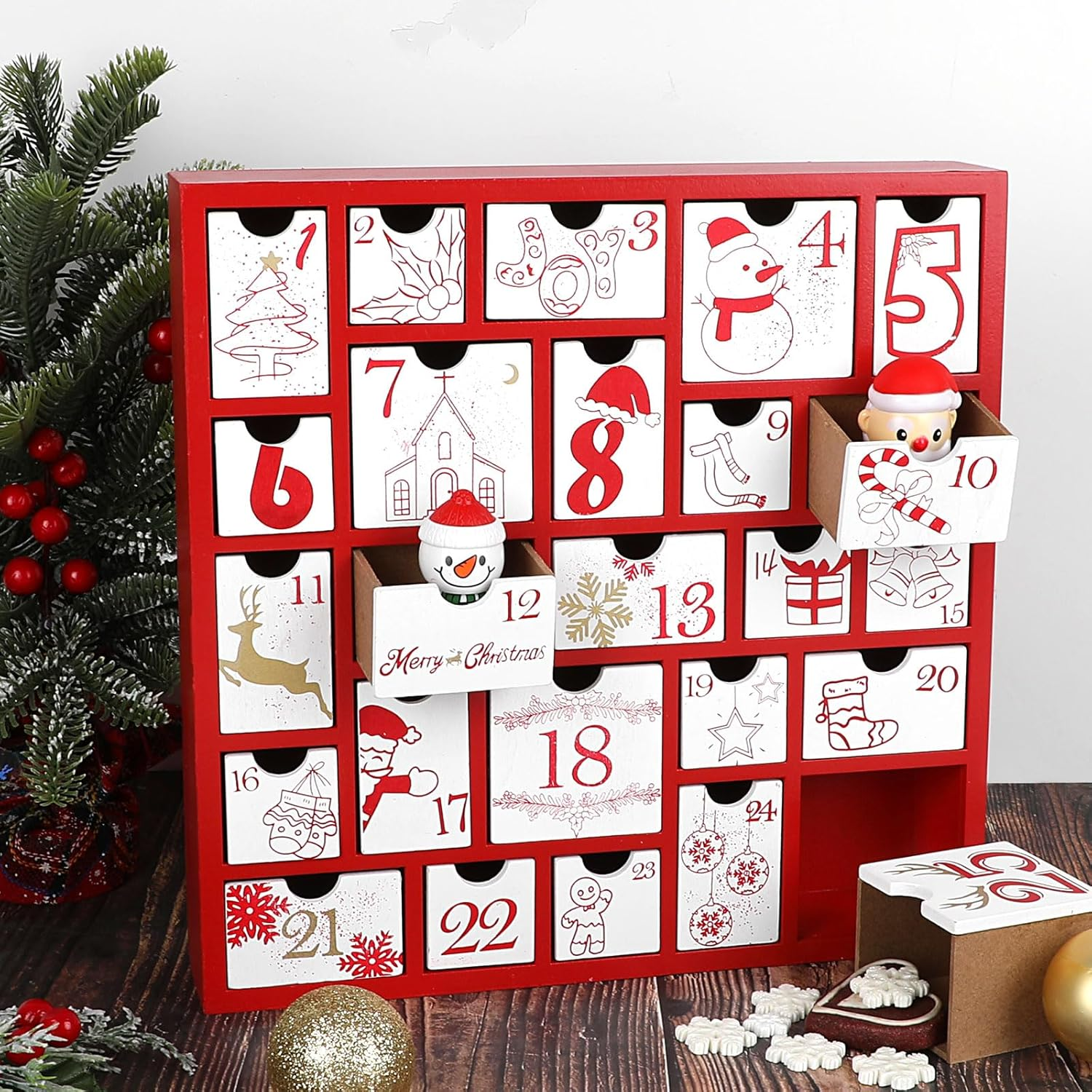 CCINEE Christmas Wooden Advent Calendar with 25 Large Drawers, Countdown to Christmas Decoration Large Size Xmas Countdown Calendar 2024 Hand Painted Refillable Advent for Holiday Decoration(Red) image number 3