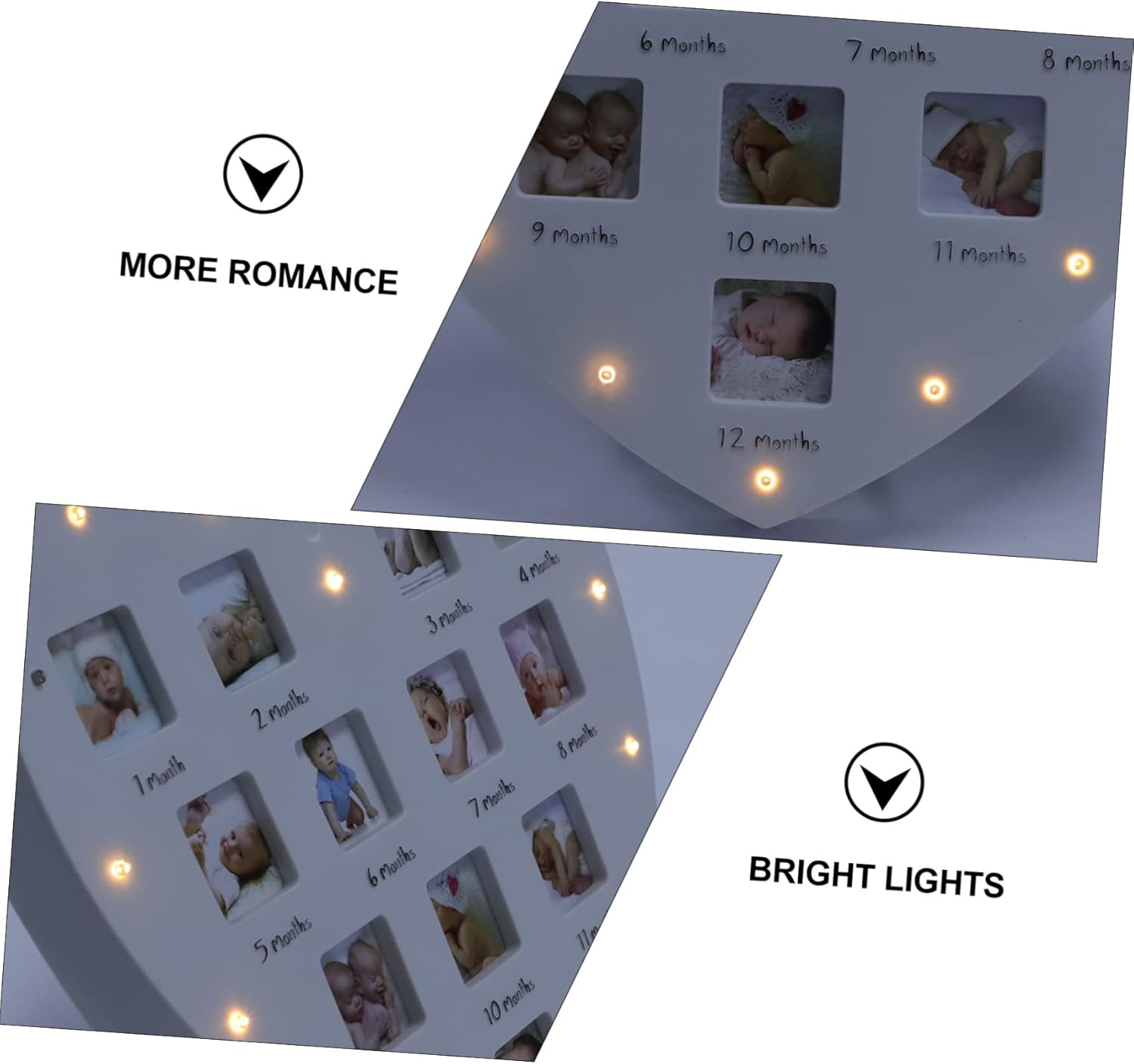 SHOWERORO 1Pc Heart Shaped Photo Frame with LED Light Month Growth Record Keepsake Display Durable Memory for Newborns Wall Tabletop Decoration for Celebrating Milestones image number 6