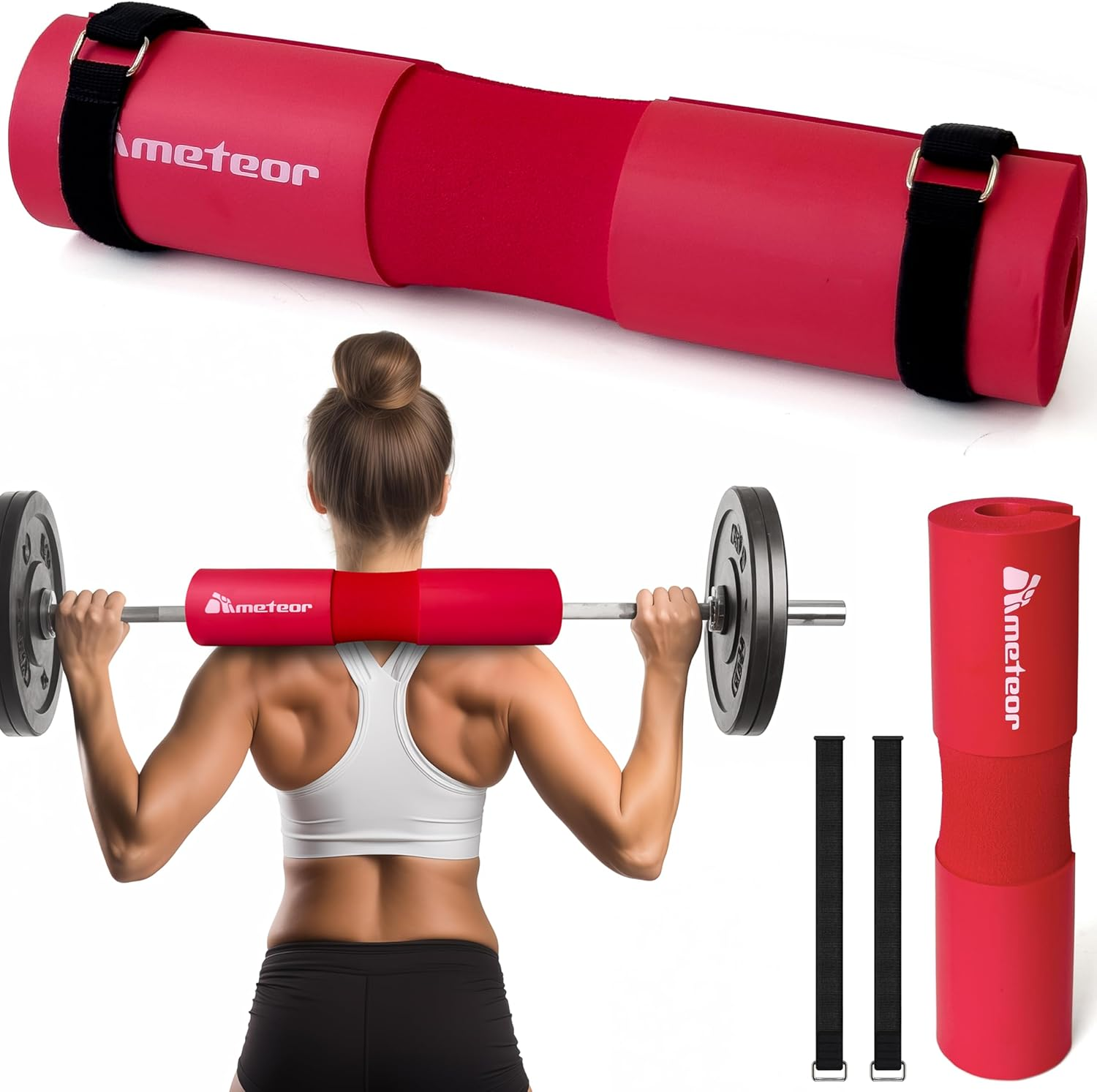 METEOR Barbell Pad Shoulder Pad Hip Thrust Pad for Squats, Lunges &ndash; Neck Shoulder Pressure Relief, Lower Back Support &ndash; Fits Standard & Olympic Barbells with Safety Strap