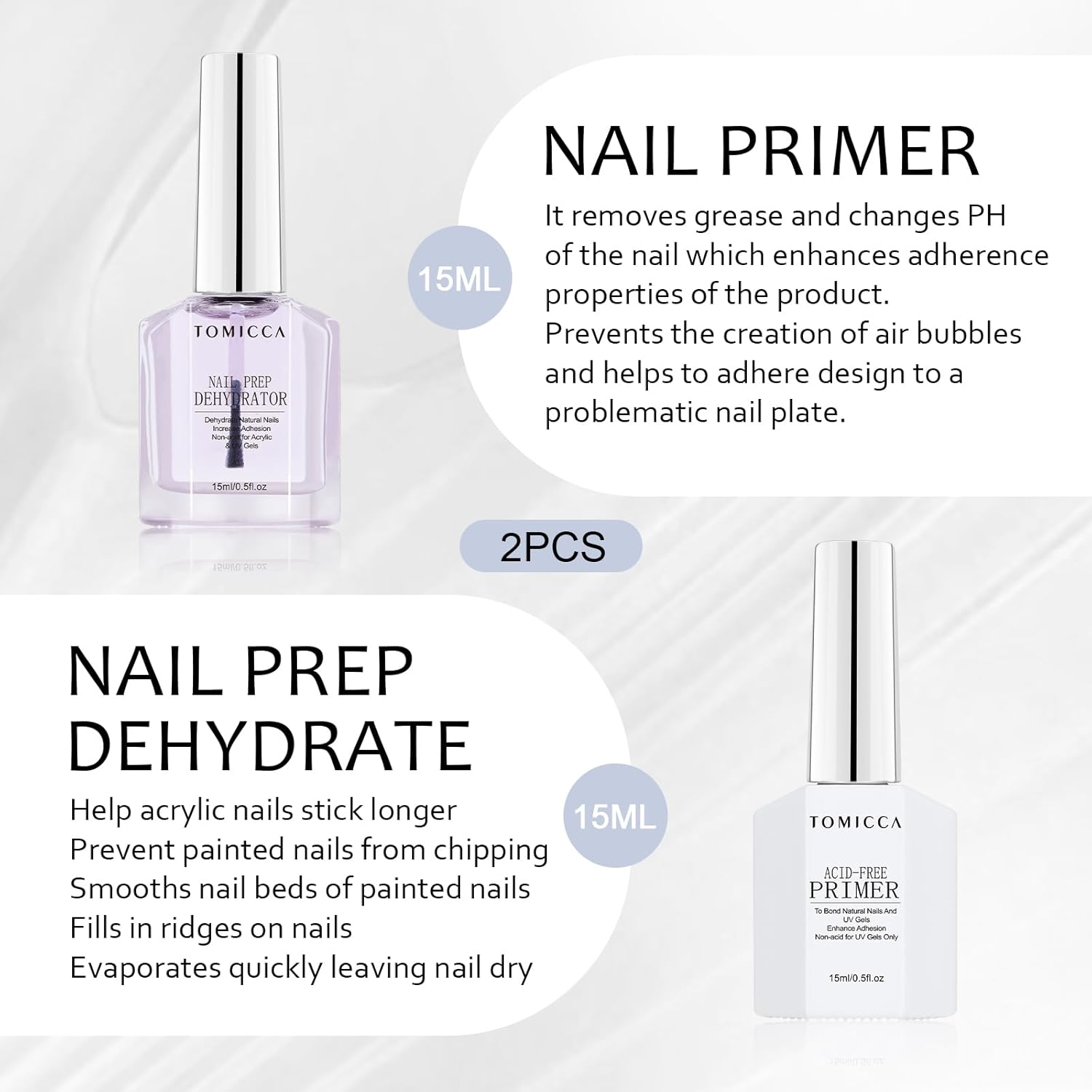 TOMICCA Nail Dehydrator and Primer Set, 2 * 15ML Gel Nail Polish Nail Primer and Nail Dehydrator, Acid Free Superior Protein Bonding, Fast Air Dry for Gel Polish and Acrylic Powder