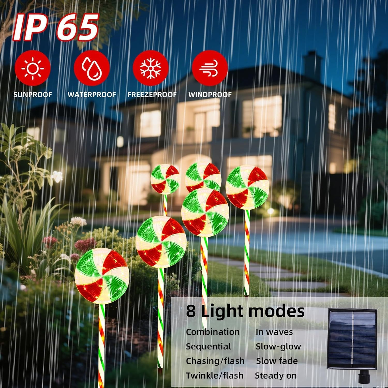 QINER Christmas Solar Lollipop Lights, 4 Pcs with 8 Modes, Green, Warm White, Outdoor Holiday Decoration, Pathway Lighting image number 5