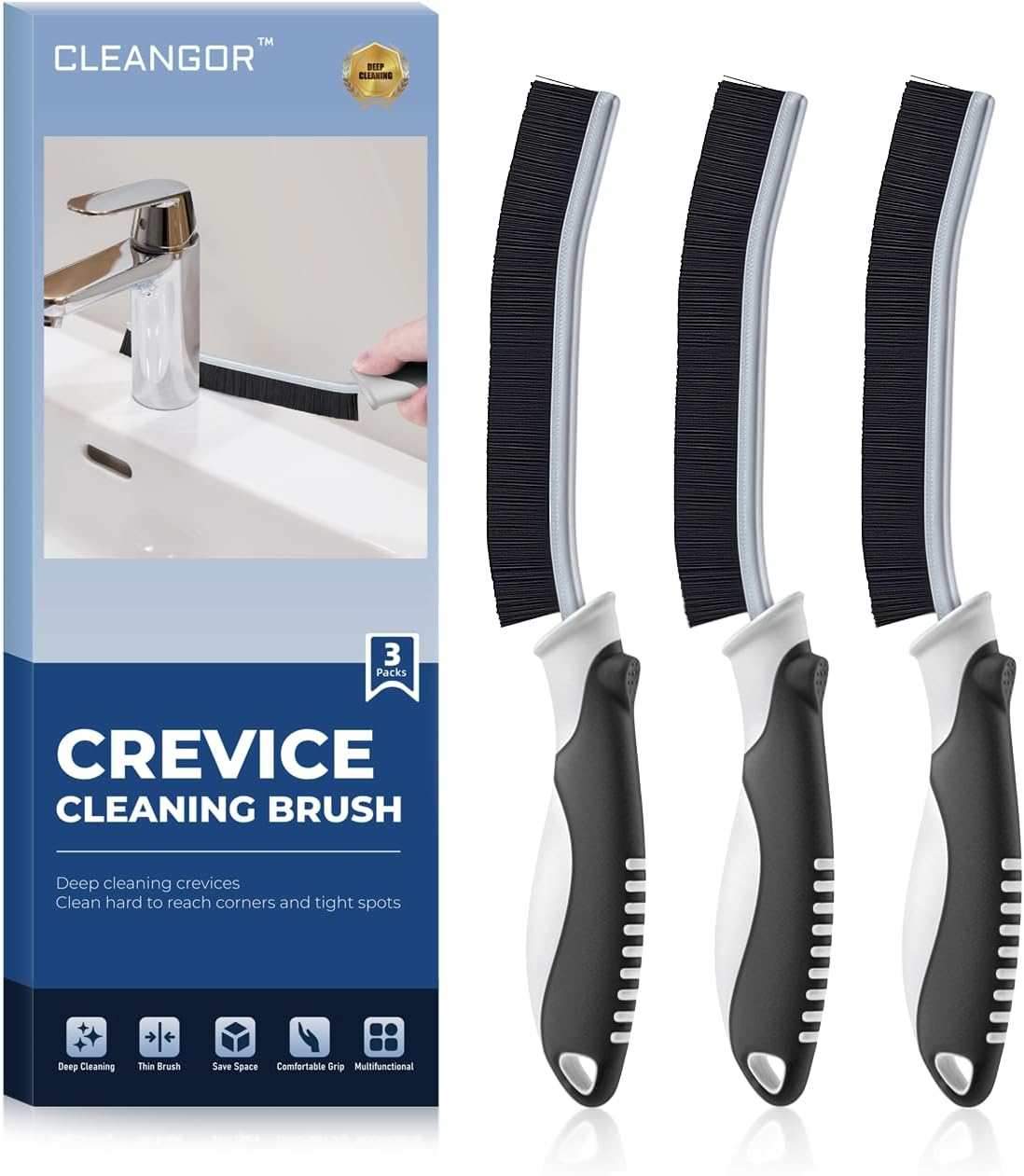 Cleangor Crevice Cleaning Brushes, Scrub Brush for Hard to Reach Small Space, Home Essentials, Cleaning Supplies, Cleaning Tools for Household Use, Bathroom, Shower, Kitchen, Toilet, Window (3, Black)