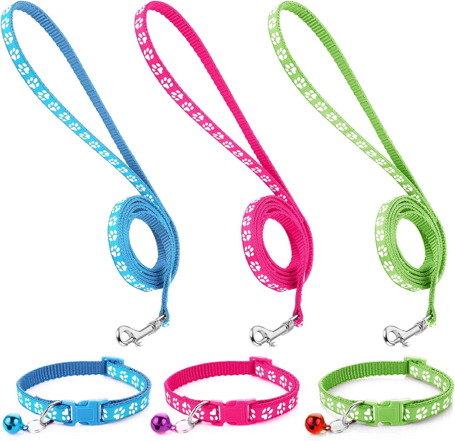 3 Pack Puppy Collar and Leash Dog Collar and Leash for Small Dogs Pet Cat Kitten Collar and Leashes Adjustable Training Rope Quick Release Paw Print Soft Nylon Pet Collar image number 4