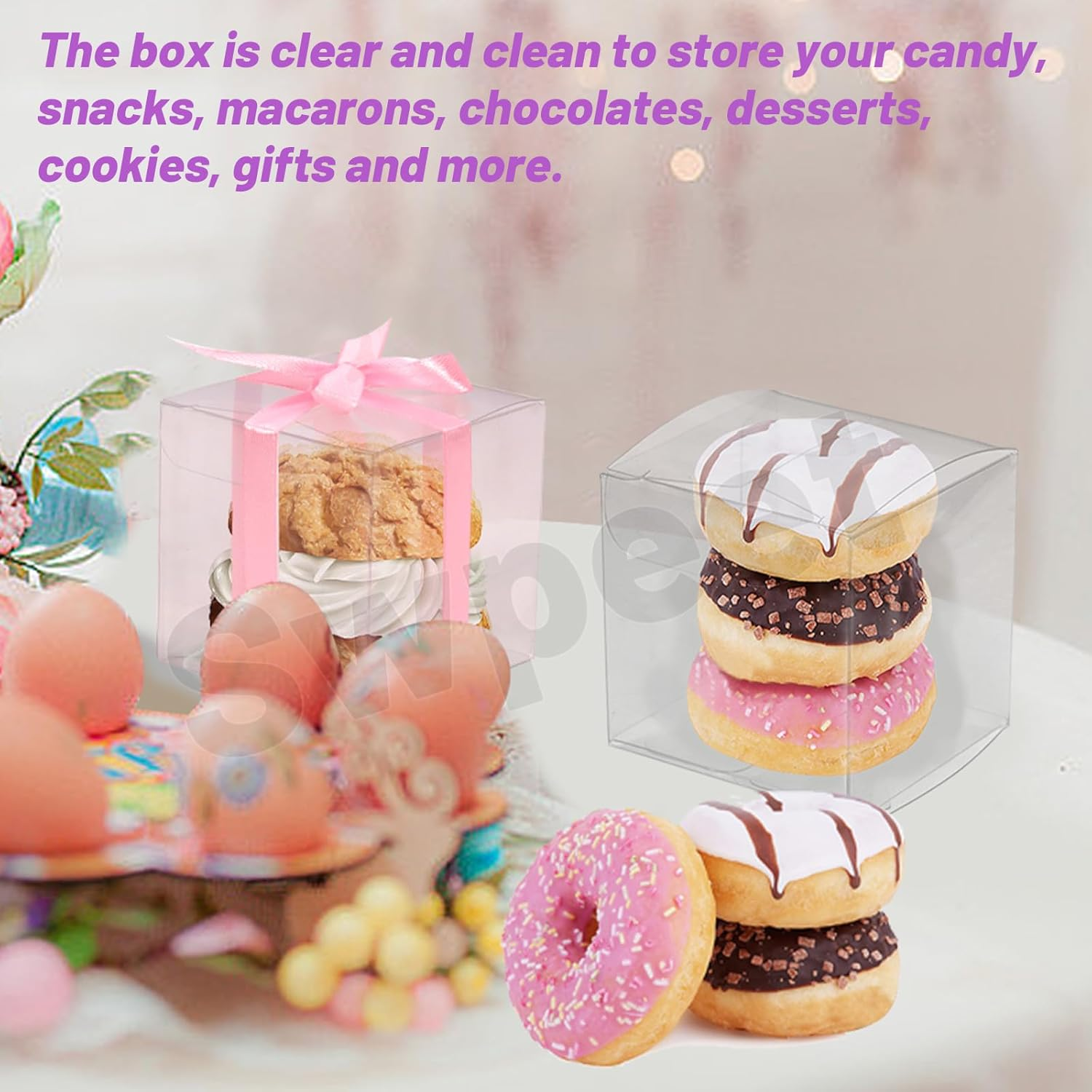 Swpeet 33Pcs 2.76" &times; 2.76" &times; 2.76" Plastic Clear Favor Boxes with Ribbons and Scissors Kit, Small Gift Boxes Transparent Cube PET Boxes Treat Boxes for Wedding Birthday Baby Shower image number 2