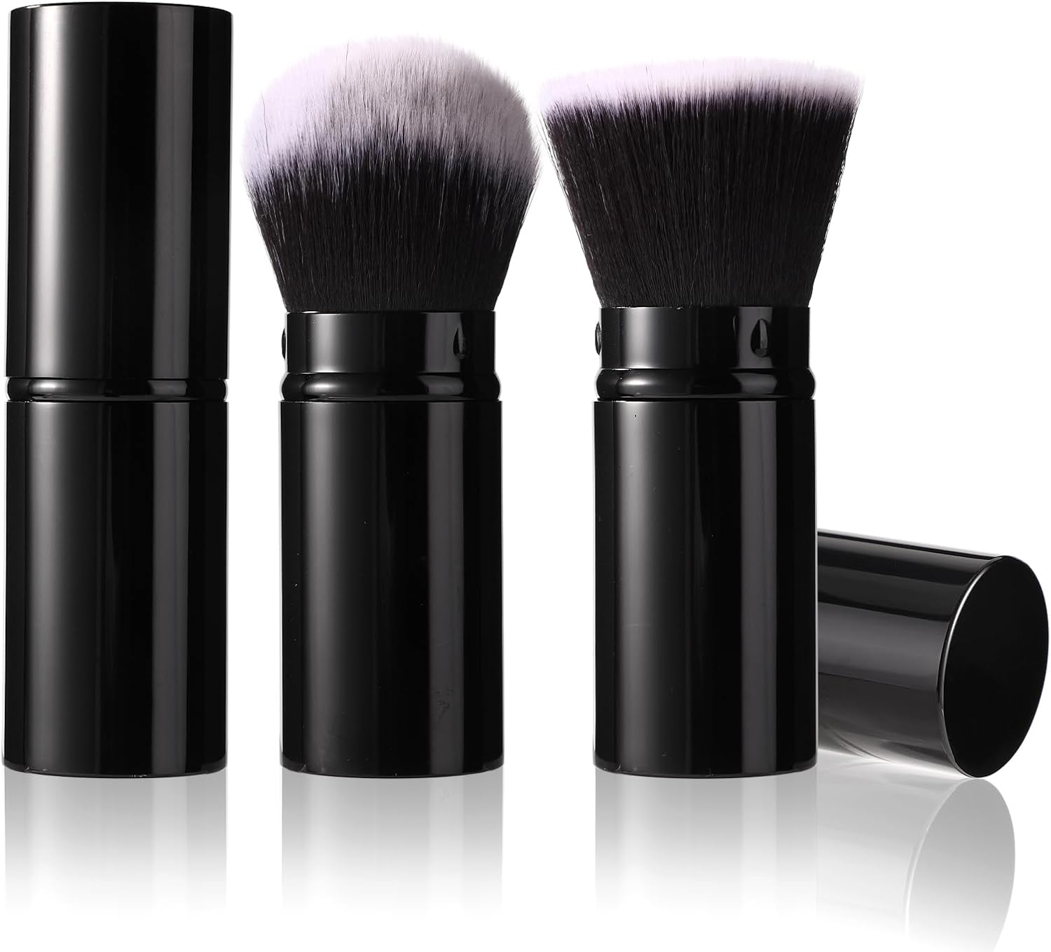 2Pcs Travel Face Blush Brush, Retractable Makeup Brush Portable Powder Foundation Sunscreen Brush Black and White Hair (Flat Head + round Head) image number 3