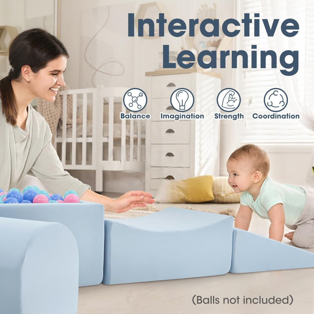 Playpals Soft Play Equipment, 5-Piece Crawl & Climb Foam Play Set, Colorful Foam Blocks for Toddler Infant Baby, Indoor Crawling Gym Equipment, Kids Educational Soft Play Set, Blue - Pink image number 2