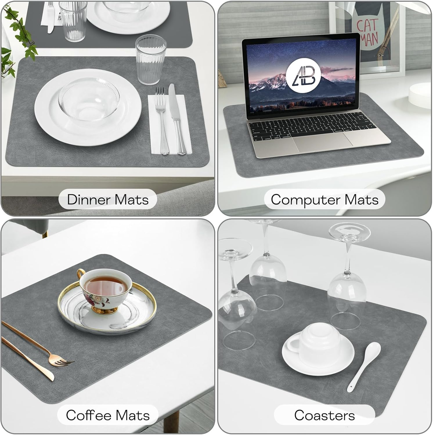 Faux Leather Placemats Set of 6 Table Mats 44.5 * 30Cm Heat Resistant Reversible Place Mats, Waterproof Wipeable Dining Table Place Mats for Home Party Outdoor (Grey) - Dark Green/Light Grey image number 2