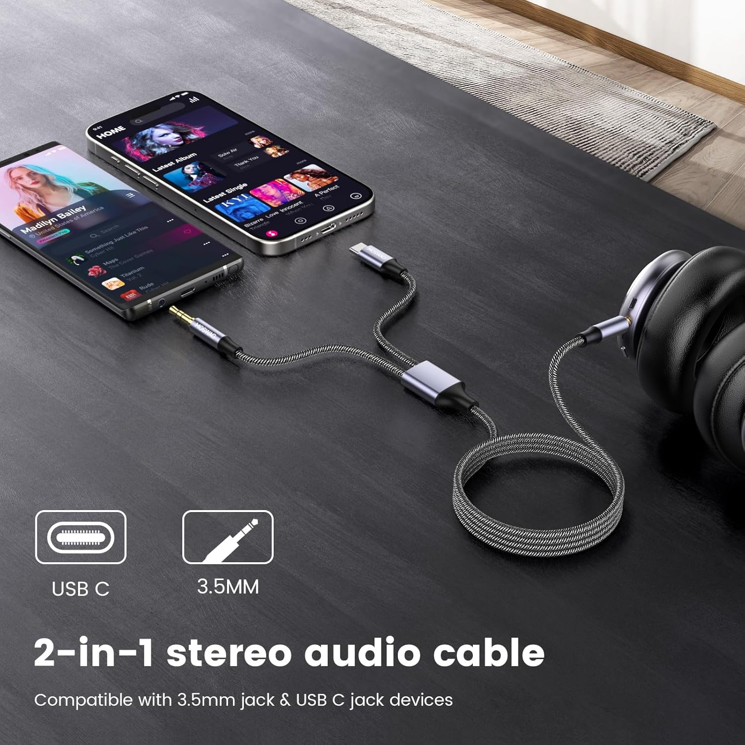 MOSWAG USB C to AUX Cable（2M）, 2 in 1 3.5Mm to 3.5Mm Audio Aux Jack Cable with USB C Audio Auxiliary Input Adapter Male to Male AUX Cord for Headphones,Car,Home Stereos,Speaker image number 4