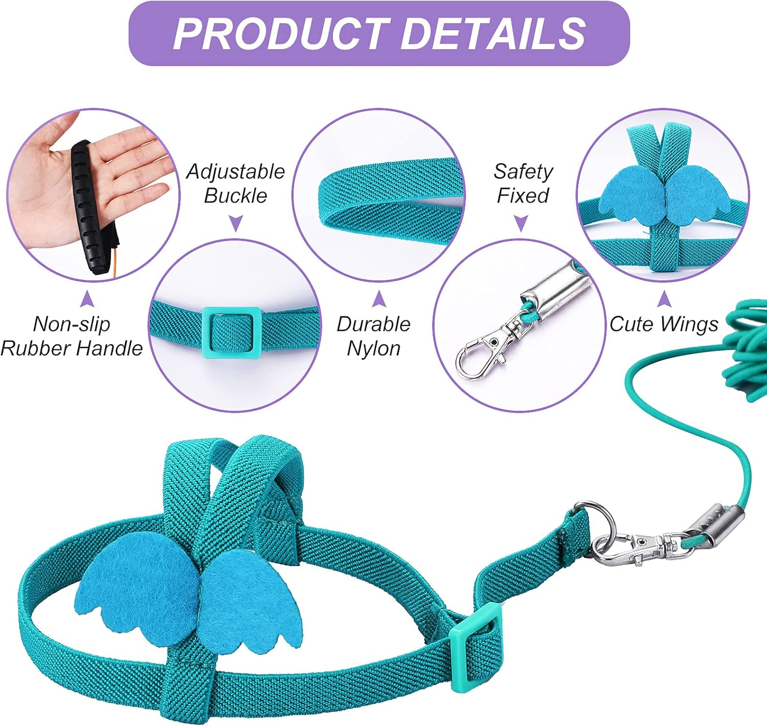 4 Pieces Pet Parrot Bird Harness Leash Adjustable Bird Flying Harness Traction Rope with Cute Wing for Parrots Pigeons Budgerigar Lovebird Outdoor Training Toy (Pink, Yellow, Light Purple, Cyan,S) image number 1