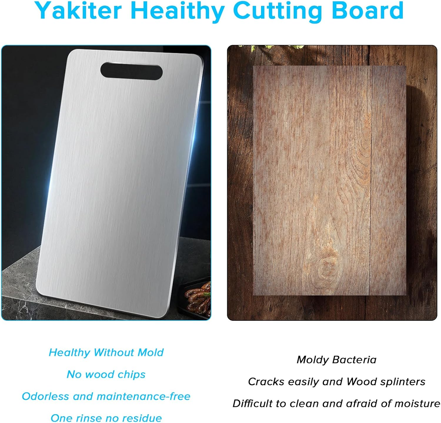 Yakiter Cutting Board, 304 Stainless Steel Chopping Board with Handles, Double-Sided Cutting Board for Kitchen & Meat Cheese Vegetable Fruit, Mold Free, Hygienic (34 * 23Cm) image number 4