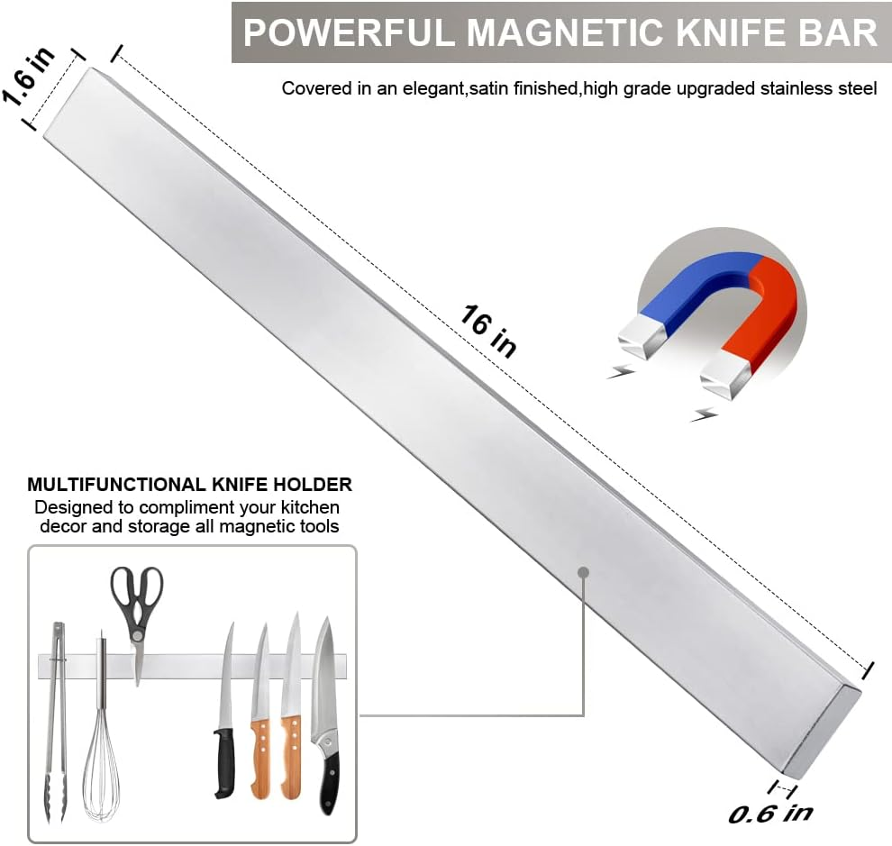 Ninonly 40 CM Magnetic Knife Strip for Wall,Premium Stainless Steel Wall Mounted Magnetic Knife Holder Kitchen Knives Bar Rack for Home Kitchen Utensil Tool Organizer image number 4