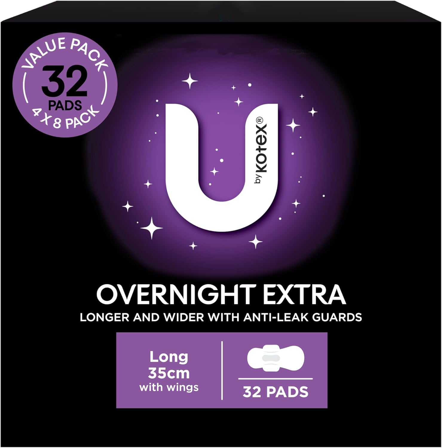 U by Kotex Extra Overnight Pads Long with Wings 32 Pack (4 X 8 Pack) - Packaging May Vary image number 2