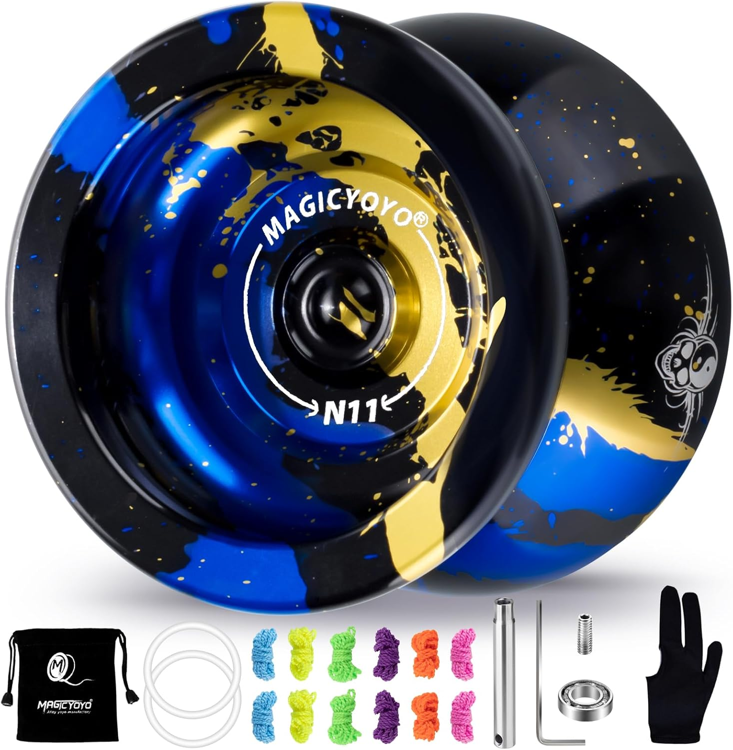 MAGICYOYO N11 Professional Unresponsive Yoyo N11 Alloy Aluminum Yoyo Ball (Black with Golden) with Bag, Glove, 12 Yoyo Strings and Responsive Yoyo Bearing Kit for Dual Purpose Use