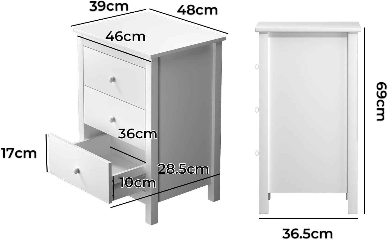 Oikiture White Bedside Table with 3 Drawers Wooden Bed Side Table End Table Nightstand image number 2
