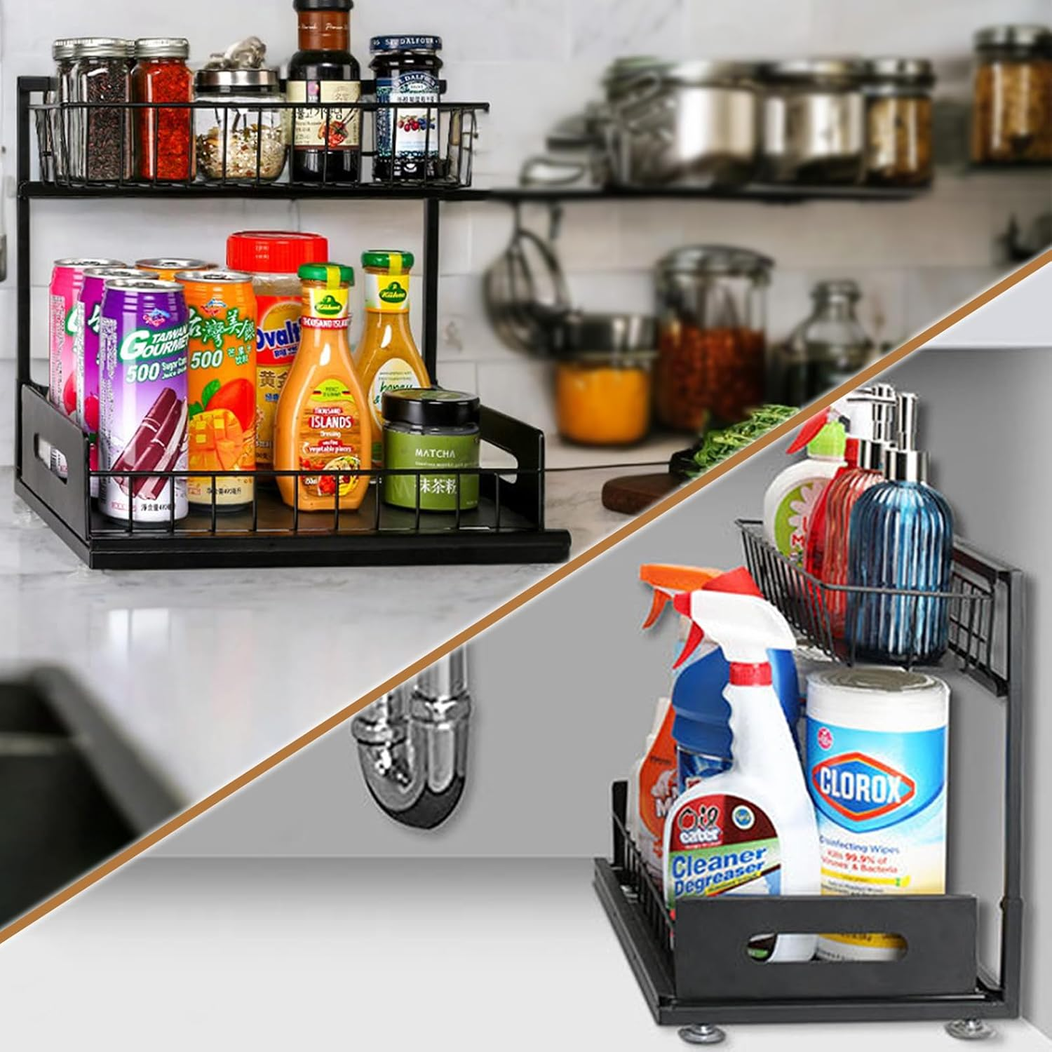 2 Pack under Sink Organiser, 2-Tier under Sink Storage Shelf Height Adjustable Durable Metal Sliding Drawers for Bathroom Kitchen Cabinet Storage under Sink Storage & Organisation (2 Pack Black) image number 4