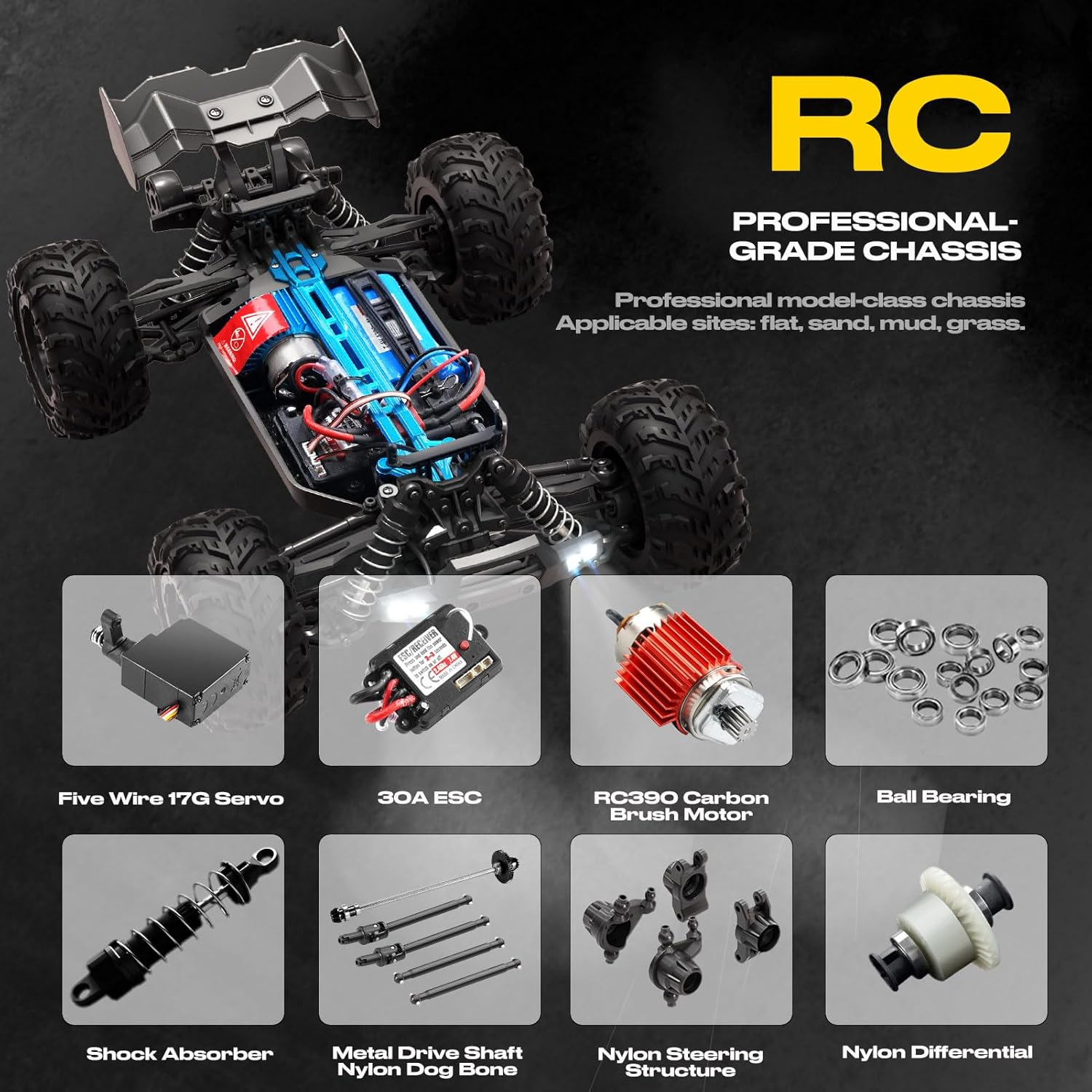 1:16 Scale 4WD Remote Control Car, 70Km/H High Speed Monster Truck, 2.4G Full Proportional Control, All Terrain Off-Road RC Vehicle for Kids Adults, Carbon Brush Motor, 1 Rechargeable 1300Mah Battery image number 1