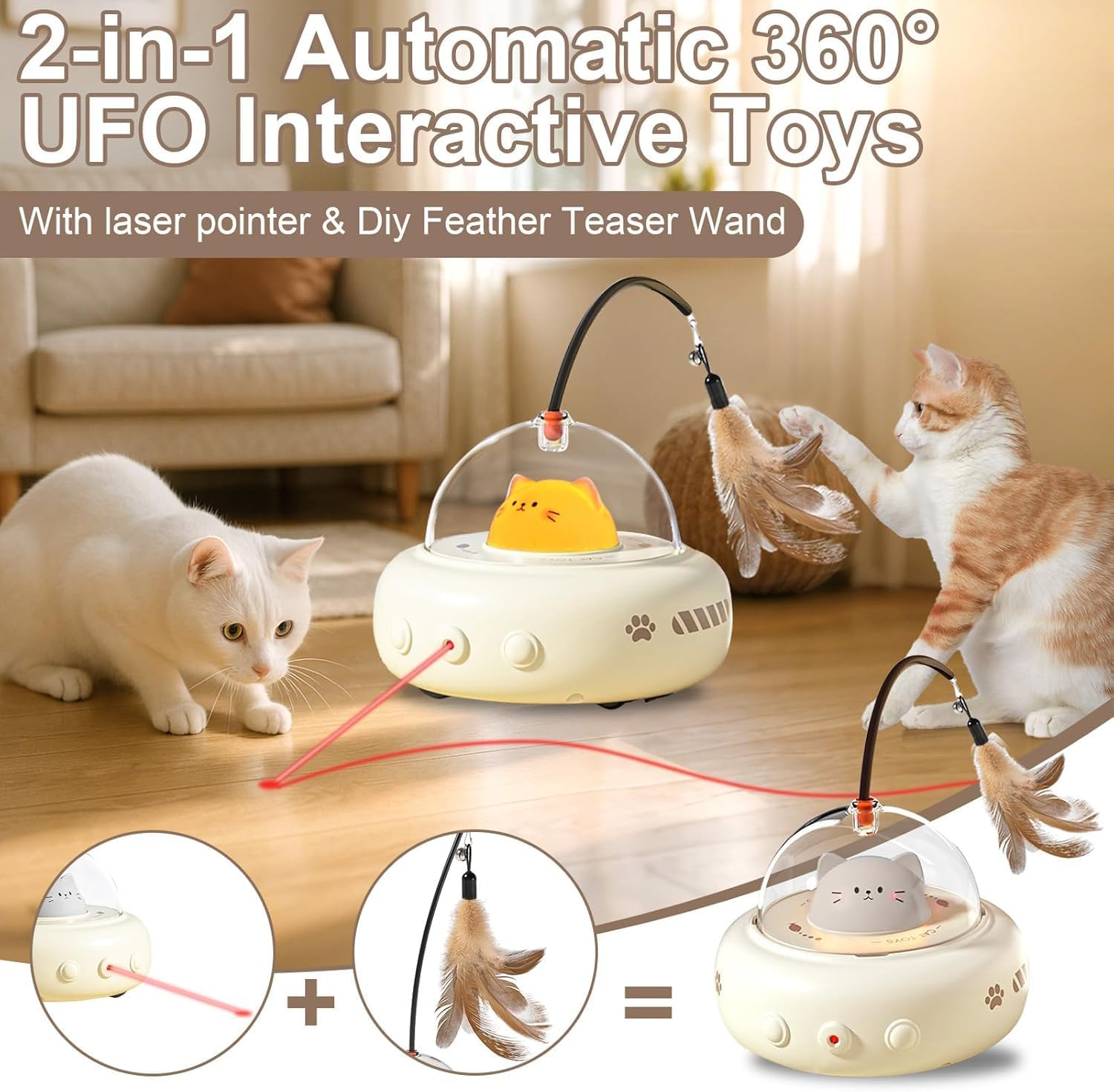 UFO Mia Rechargeable 2‑In‑1 Cat & Kitten Gift Toy with Laser & Feather Wand, Motion‑Activated Random 360&deg; Movement & Auto Sleep Mode &ndash; Interactive Indoor Cat Toy (Beige) image number 1