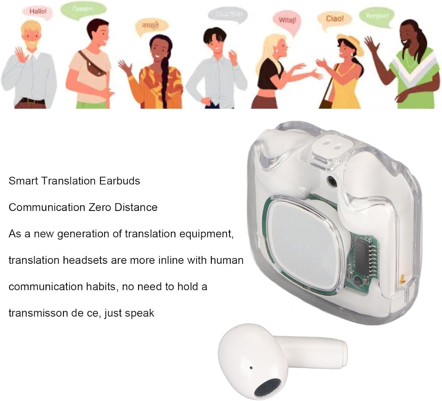 Translator Device, Intelligent Voice Translator Earbuds, 144 Language Translator, Wireless Bluetooth Instant Voice Translation Device, Translator Headphones for Learning on (White) - Black image number 2