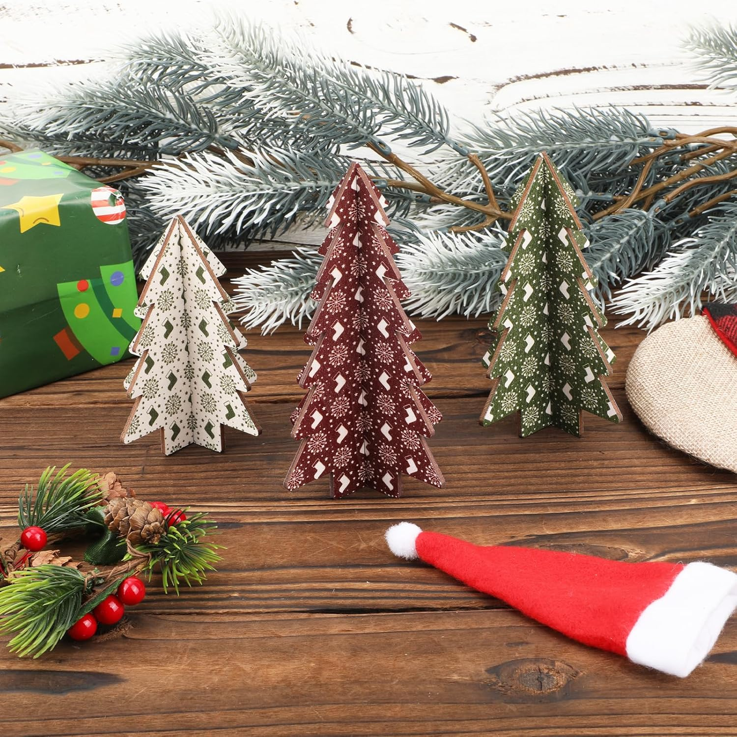 3Pcs Christmas Tree Table Decor, 3D Christmas Tree Tabletop Decorations Christmas Tree Centerpiece Wooden Signs Elk & Snowflakes Christmas Tree for Xmas Home Shelf Party Favors (3 Styles) image number 4