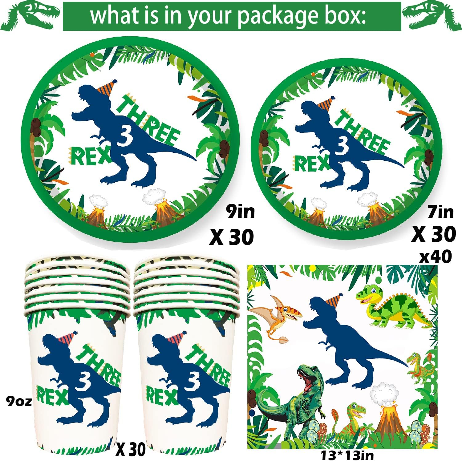 Three Inspired Rex Plates, Napkins and Cups - 130Pcs Dino Birthday Party Decorations - Dinosaur Party Supplies for 3 Year Old Boy - Serve 30 Guests image number 2