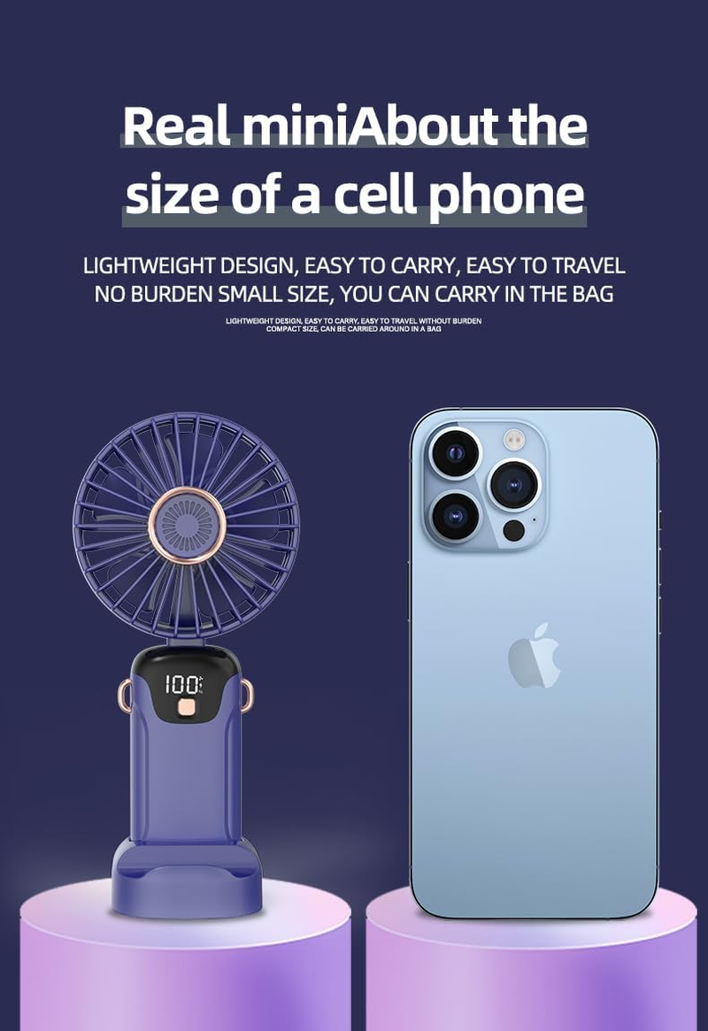 Handheld Fan, Portable Fan, USB Rechargeable Personal Fan, 90&deg; Foldable Mini Desk Fan, 5 Wind Speeds, LED Digital Display, Lanyard Can Be Used as Neck Fan Suitable for Office/Travel/Outdoor Use （Bule） image number 1