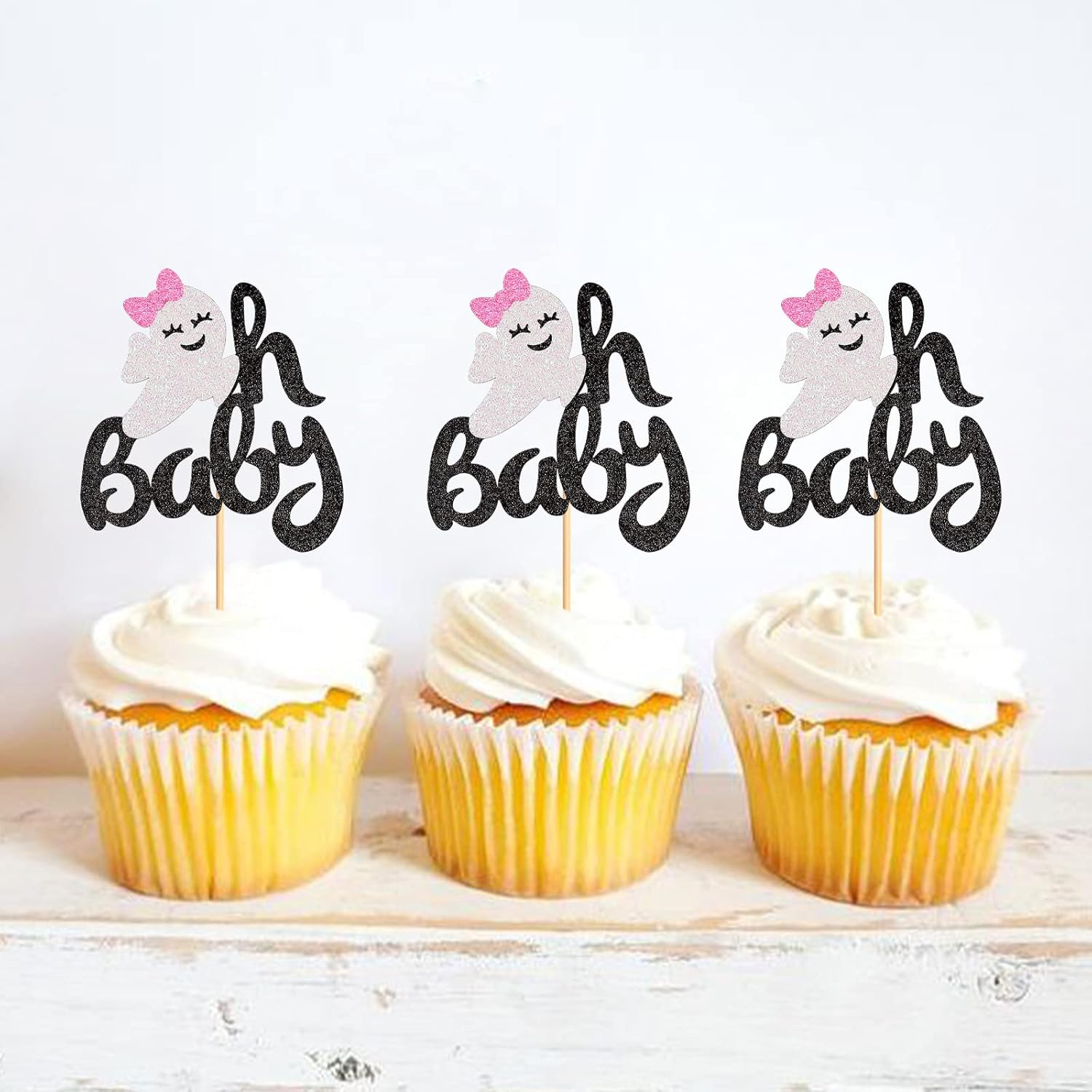 24 Pack Ghost Oh Baby Cupcake Toppers Halloween Cupcake Picks Pink Bow Ghost Oh Baby Cupcake Decors for Halloween Theme Baby Shower Birthday Party Cake Decorations Supplies - 1 Boo-Pink image number 5