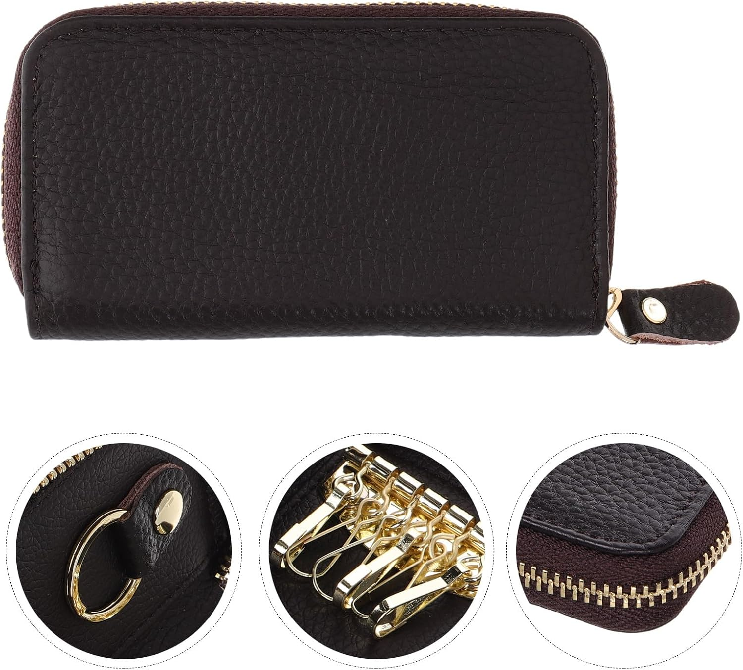 VALICLUD Large Capacity Genuine Leather Key Holder for Men with Zipper Multifunctional Car Key Pouch and Keyring Carabiner Unisex Small Card Wallet for Travel and Daily Use image number 2