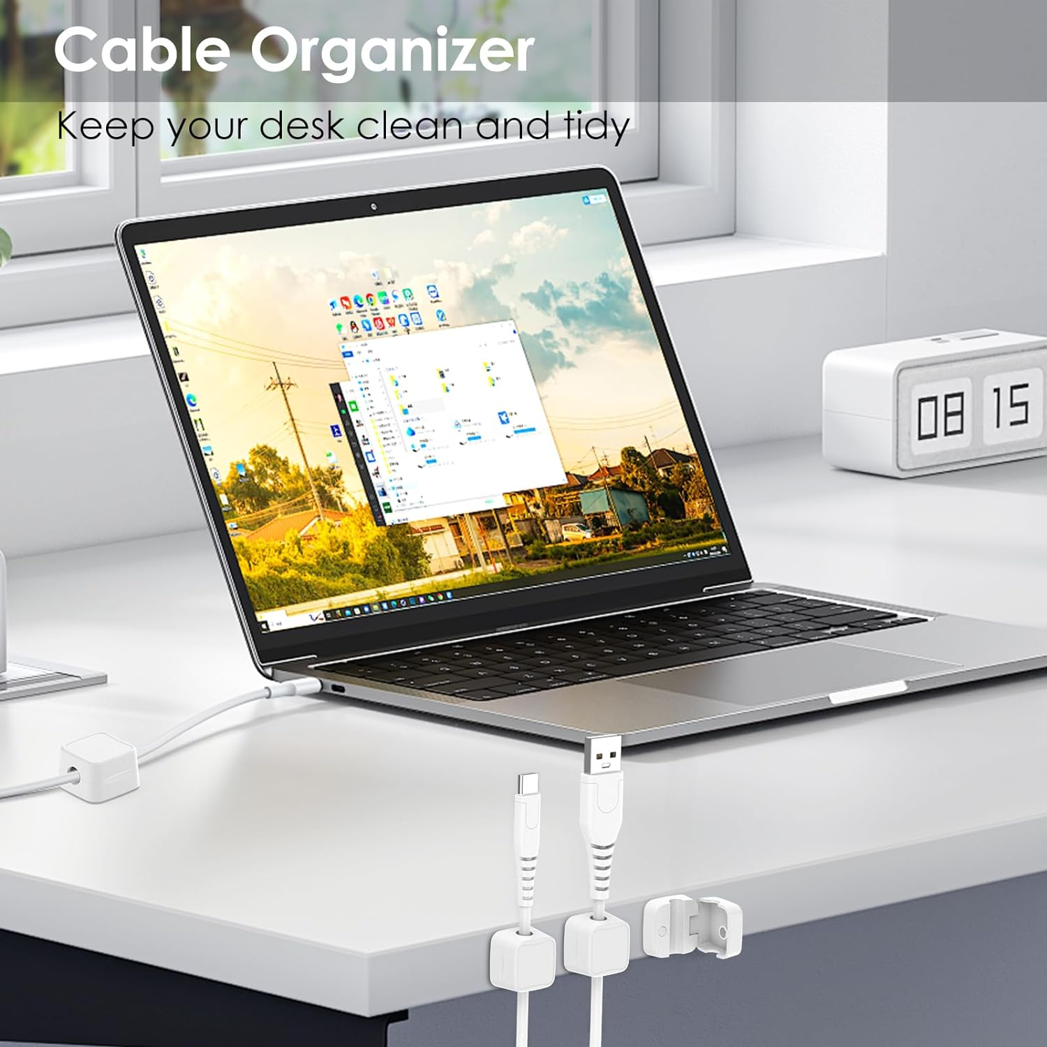 Cable Holder Clips 8 Pack Magnetic Cable Clips Self Adhesive USB Charger Cable Organizer Wire Cord Management for Office & Home Wall Desktop Car (White)