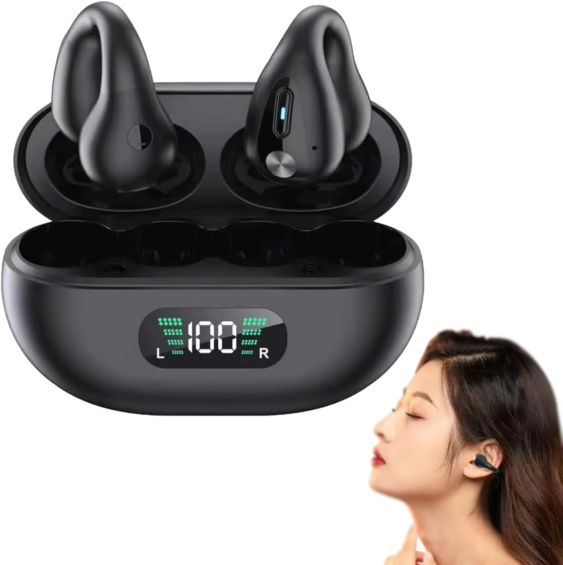 Wireless Ear Clip Bone Conduction Earbuds Open Ear Headphones Bluetooth 5.3, Mini Clip on Sport Earphone Painless Wireless Bluetooth Headset for Running Driving Workout, LED Battery Display Black