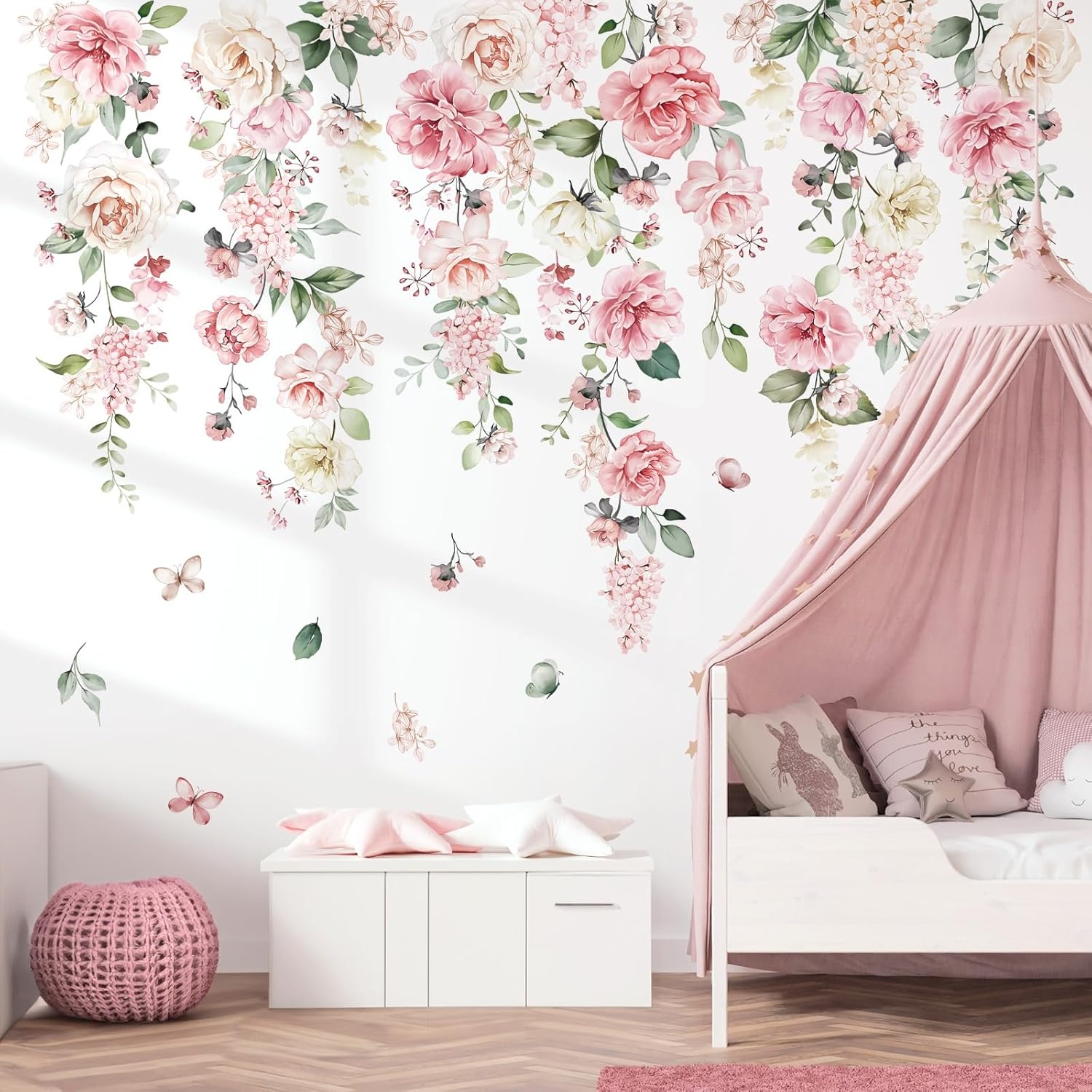 Wondever Large Pink Flowers Wall Stickers Hanging Vine Floral Leaves Peel and Stick Wall Art Decals for Baby Nursery Girls Bedroom Living Room image number 2