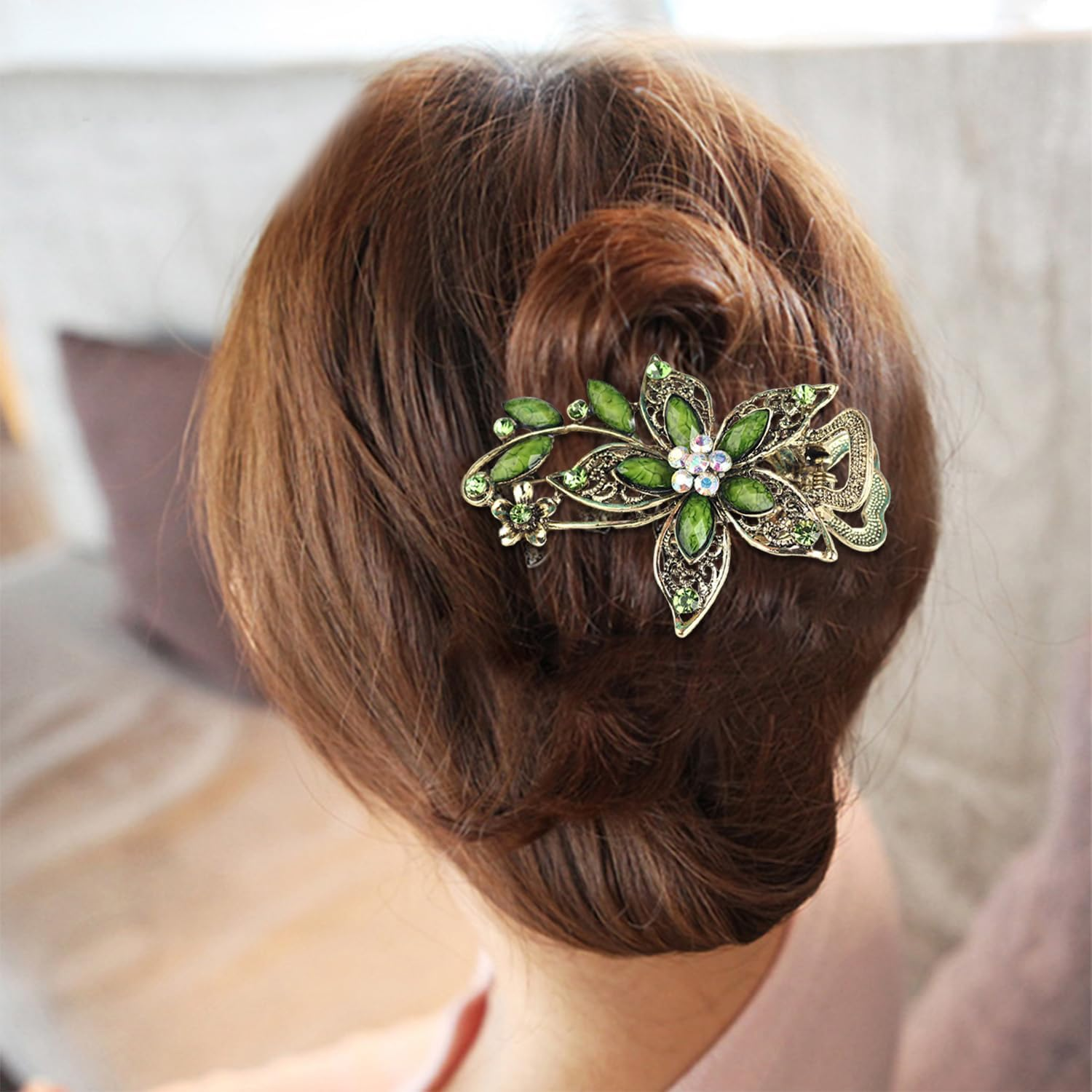 2 Flower Hair Clips, Exquisite Fashion Hair Accessories, Women'S Crystal Hair Clip, Green Hair Clip, Retro and Elee Hairpin, Decoration Clip Hairstyle image number 3
