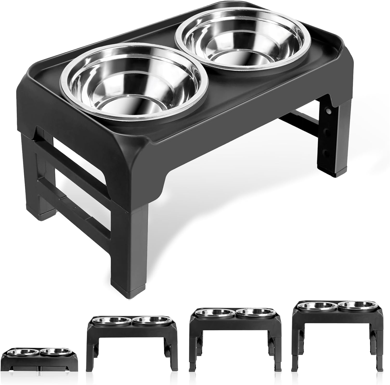 Elevated Dog Bowls, Raised Feeder Stand with 2 Stainless Steel Food Water Bowl, Pet Dish Feeding Station with 4 Adjustable Heights for Small Medium Large Dogs image number 6