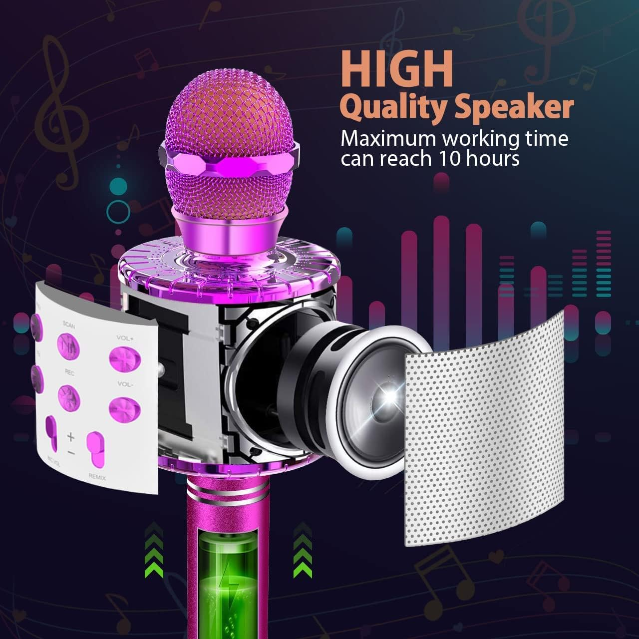 Karaoke Bluetooth Wireless Microphone, 5-In-1 Portable Handheld Karaoke Mic Speaker Player with Colorful LED Lights for Kids Adults Party, Home KTV Player, Compatible with Android & Ios Devices (Purple) image number 3