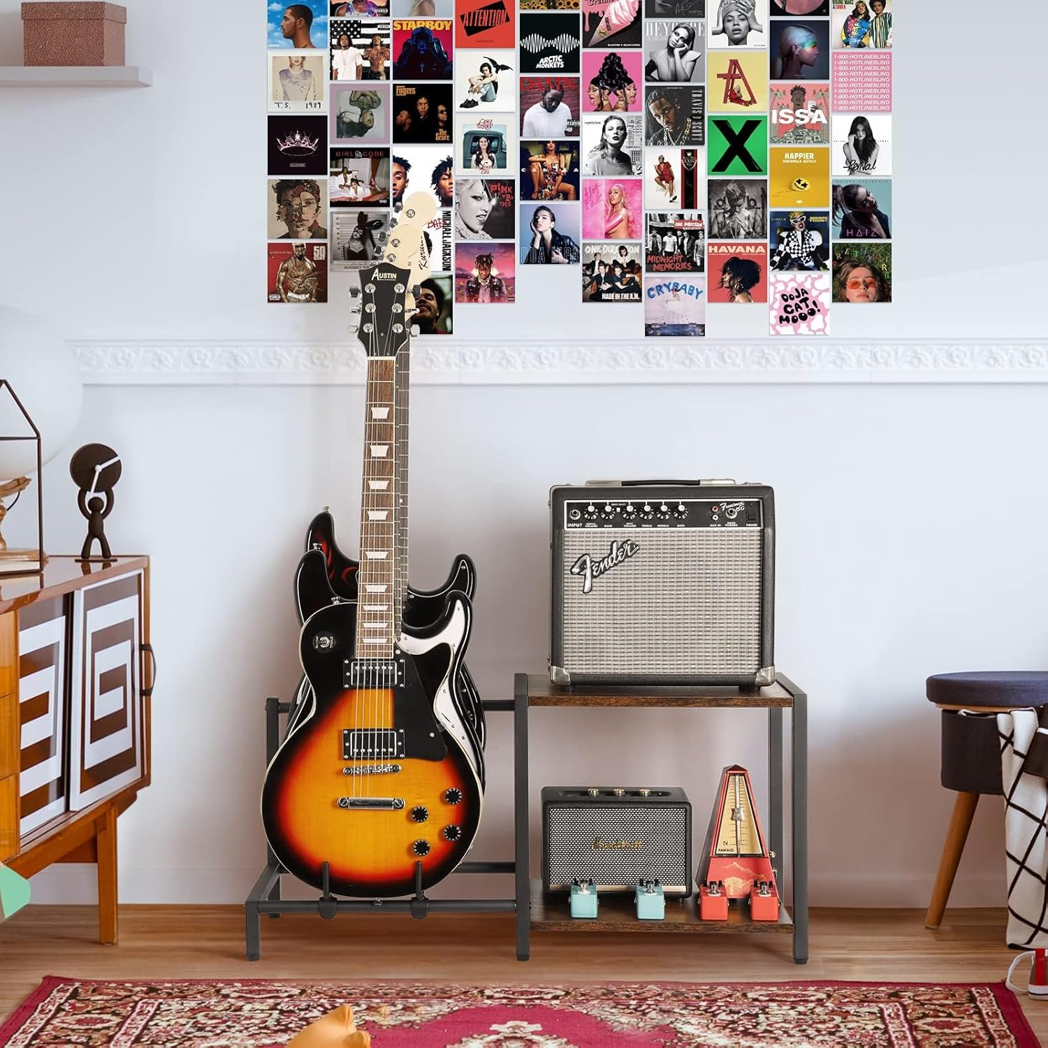 Guitar Stand for Electric Guitar and Bass,3 Guitar Stand Floor with Guitar Amp Stand,Guitar Rack for Multiple Guitars, Guitar Accessories, Adjustable Guitar Holder, Guitar Display for Music Studio image number 1