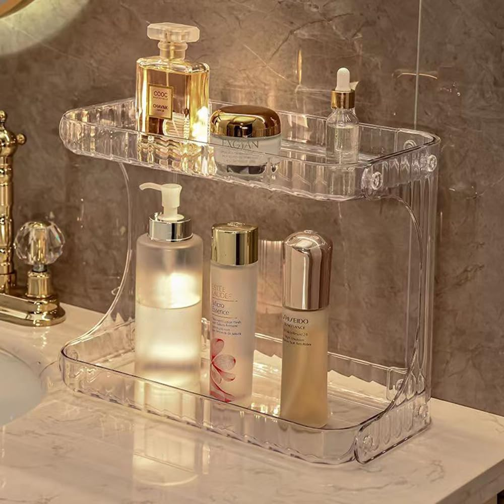 Hbluefat 2 Tier Bathroom Countertop Organizer, Clear Acrylic for Cosmetic Skincare Makeup Perfume, Vanity Dressing Table, Coffee Table Storage Rack Kitchen (Amber)