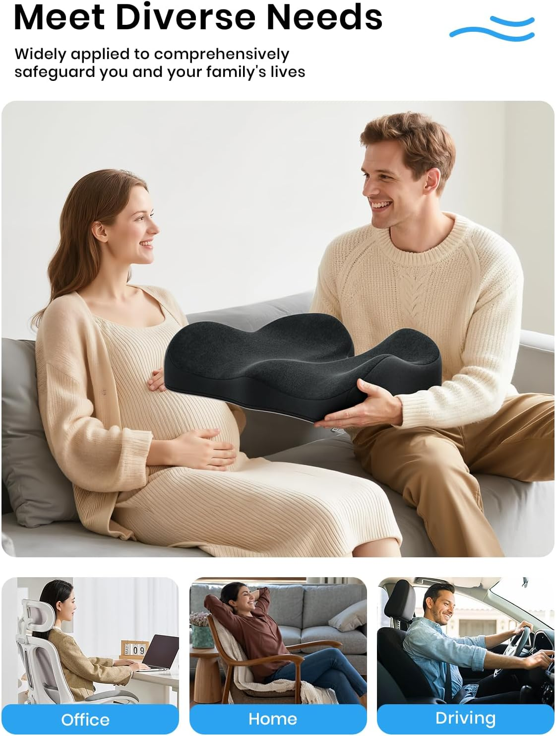 Benazcap Seat Cushion - Memory Foam Office Chair Cushion Seat Pad - Sciatica & Lower Back Pain Relief - Car Seat Cushions for Driving Seat Cushions image number 5