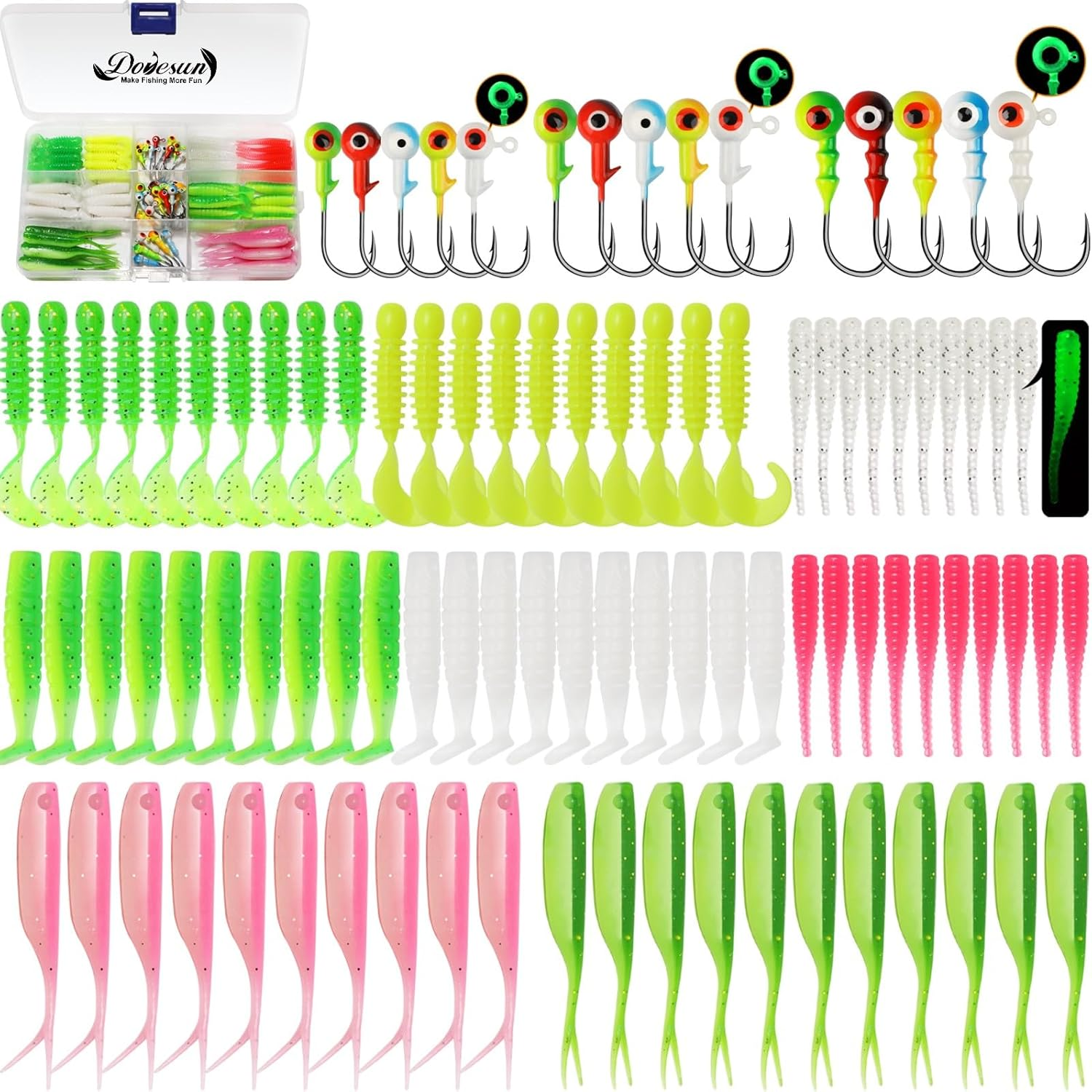 Dovesun 110Pcs Crappie Lures with Jig Heads Hooks Kit- Soft Plastic Grubs-Tubes Bait 80Pcs 1/8 1/16 1/32 Oz 30Pcs Crappie Jigs Fishing Lures Kit for Saltwater Freshwater Fishing /(120PCS-95PCS)