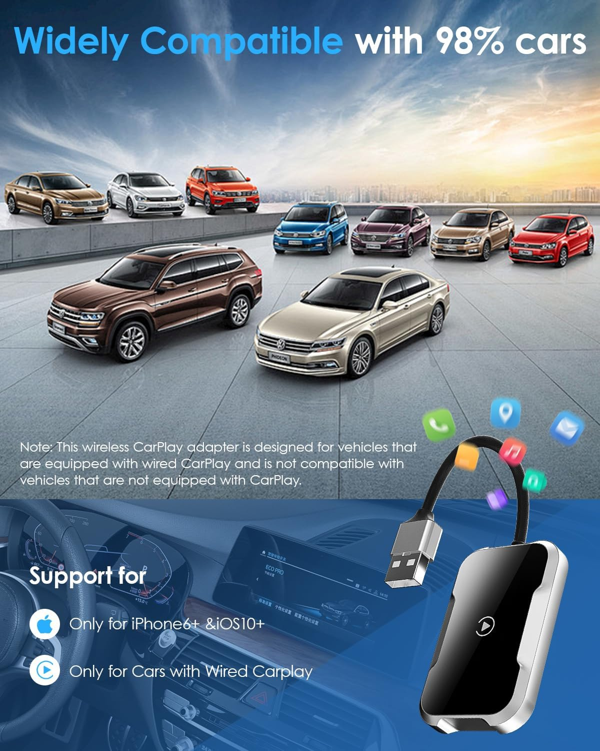 Wireless Carplay Adapter for Iphone, Auto Adapter, Carplay Bluetooth Adapter, Converts Wired Carplay to Wireless, Plug & Play Low Latency Easy Installation, Compatible with 98% of Car Model image number 2