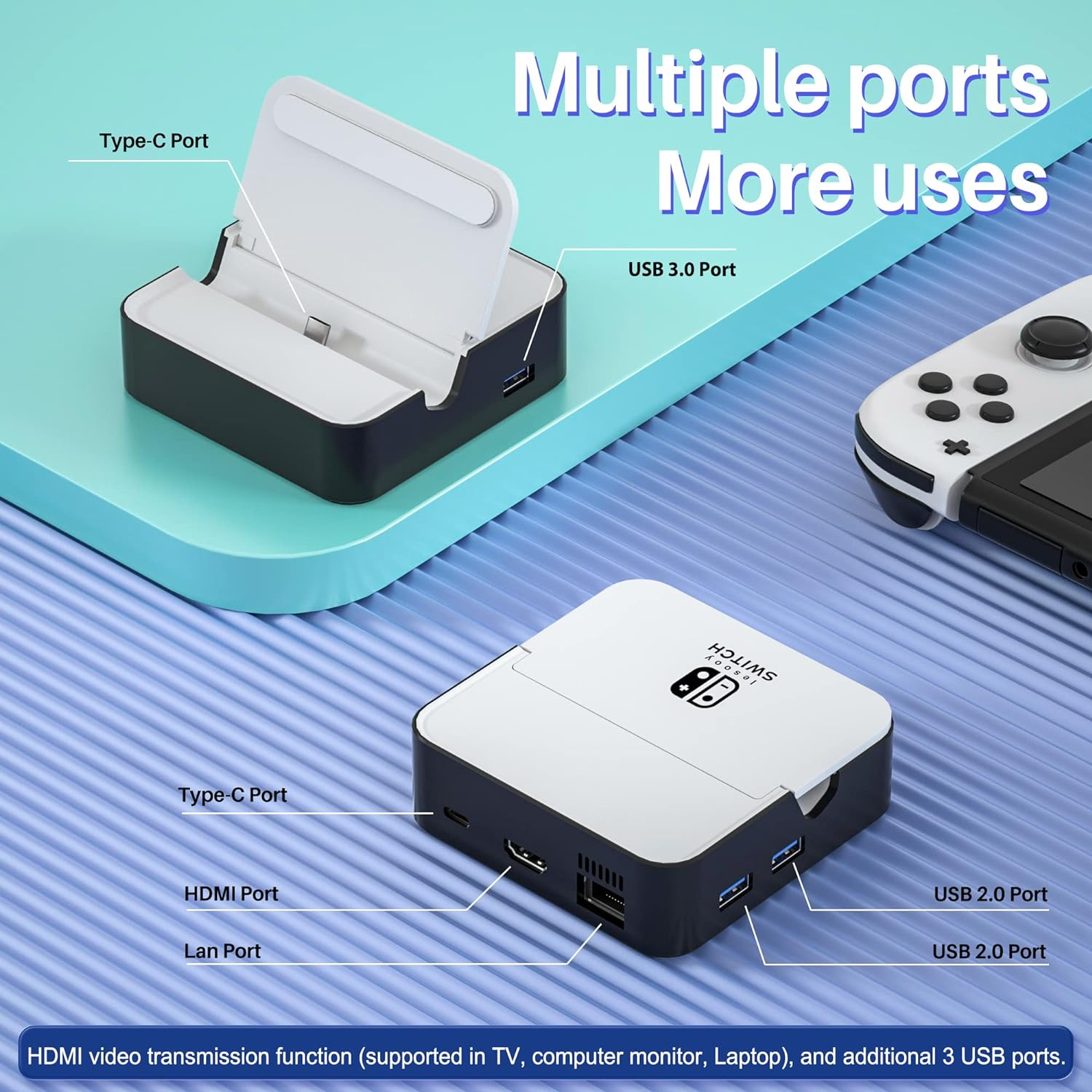 TV Docking Station for Nintendo Switch/Nintendo Switch OLED Model, 6-In-1 Switch Dock with HDMI 2.0, 100Mbps Ethernet, 2 USB-A 2.0, 1 USB 3.0,100W USB-C Charging Port, Supports Youtube on TV image number 4