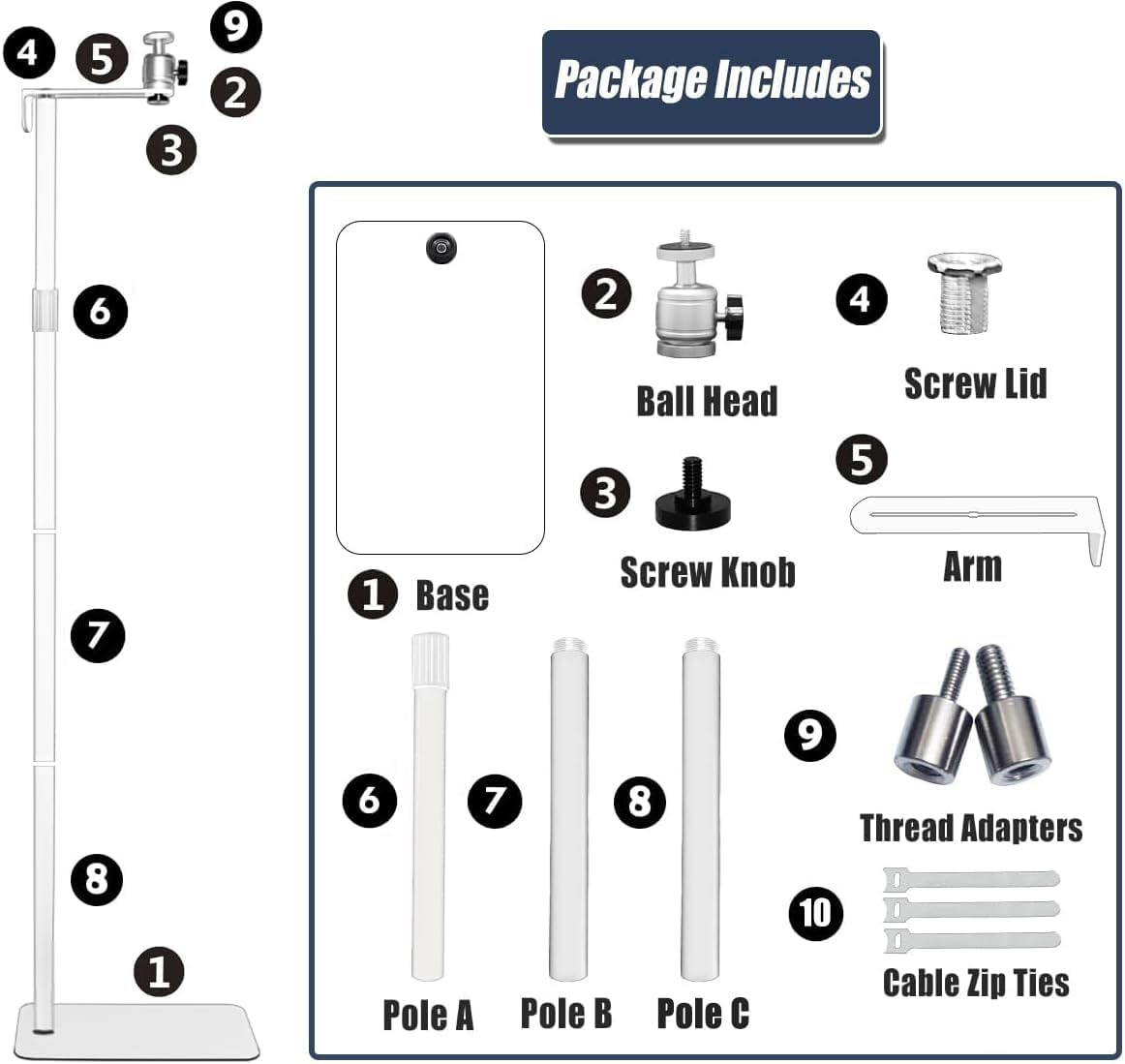 2-Be-Best Projector Mount Stand Upgraded Large Ball Head Projector Floor Stand Adjustable Height 36-63In / 92-162Cm Universal Projector Stand for Bed Sofa Compatible with HAPPRUN Anker XGIMI White - Black image number 2