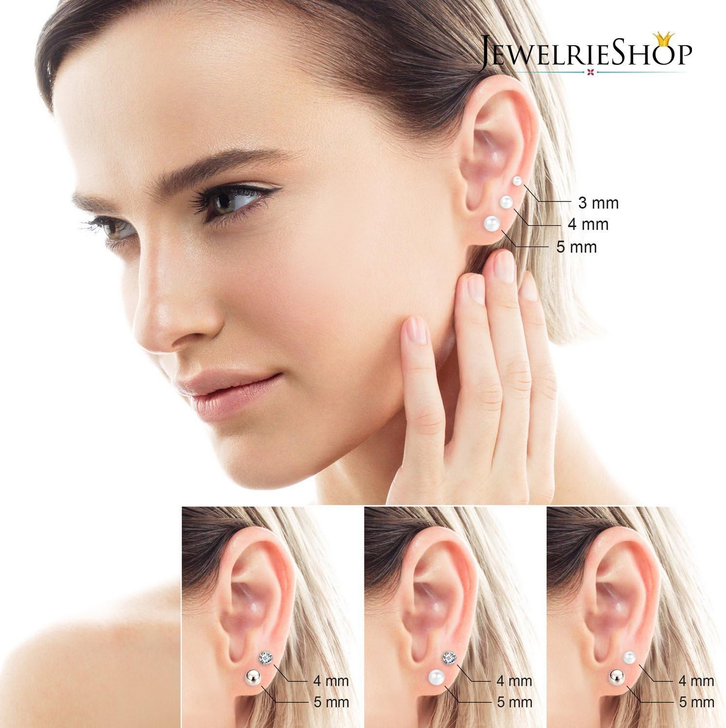 Jewelrieshop Stainless Steel round Ball Studs Cubic Zirconia Studs Faux Pearl Earrings Set for Women (8 Pairs / 18 Pairs) image number 5