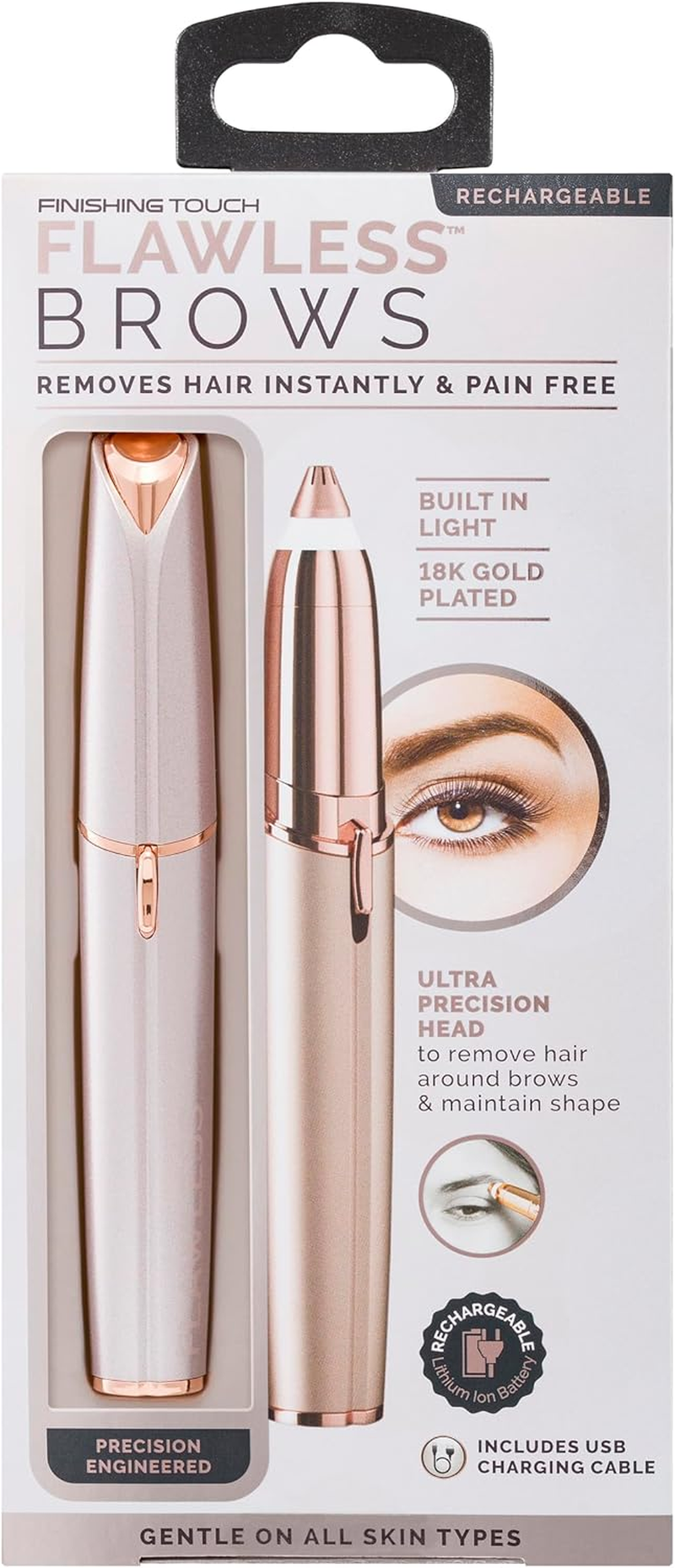 Finishing Touch Flawless Eyebrow Hair Trimmer - Brows (Battery) Generation 2 - Dermatologist Approved - No Redness, Nicks, or Cuts - 18K Gold-Plated Head - Built-In LED Light - Hair Removal - Blush. image number 3
