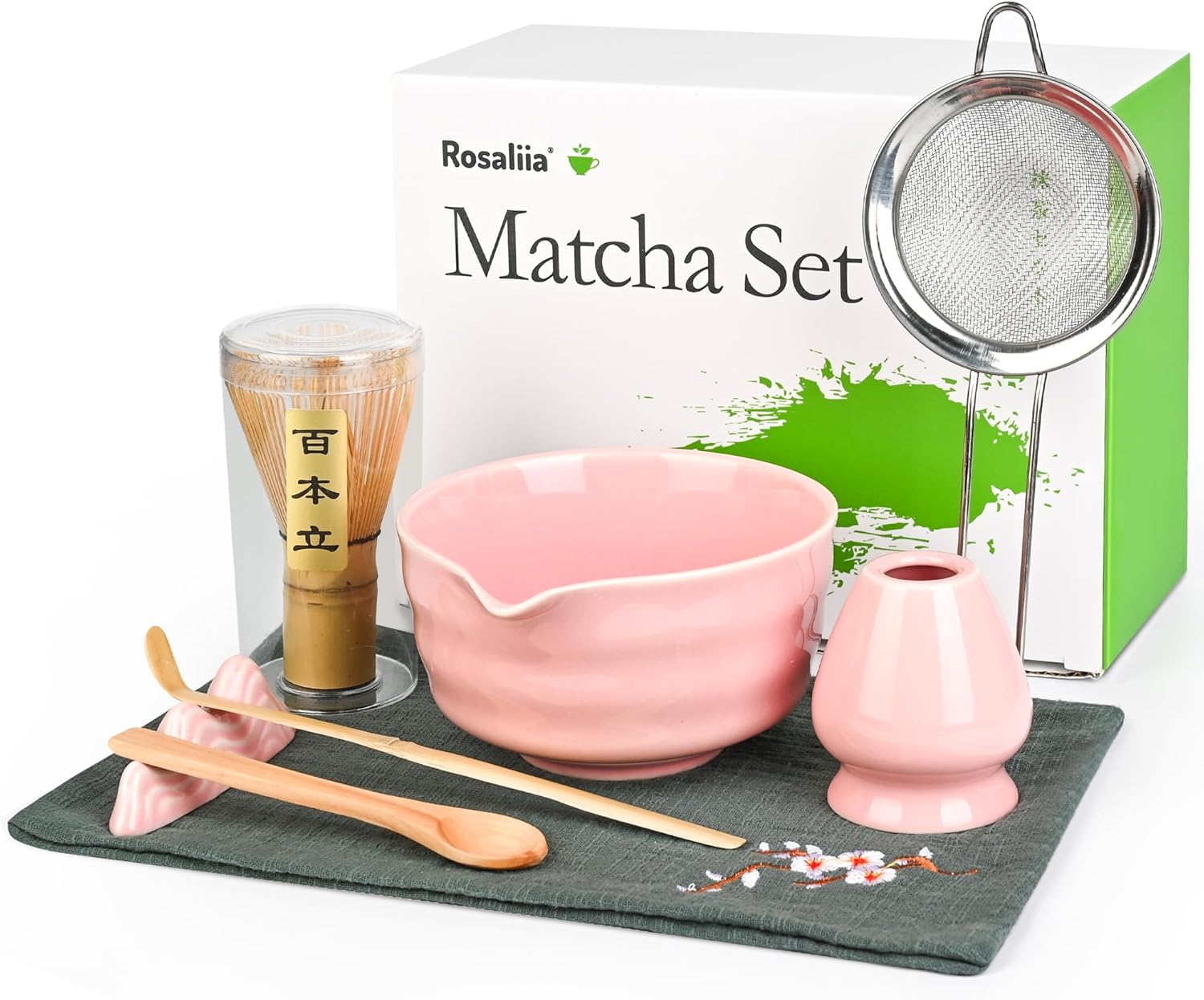 Matcha Whisk Set, Japanese Tea Set Includes Matcha Bowl, Matcha Whisk and Stand, Bamboo Spoon, Spoon Stand, Tea Towel and Stainless Steel Sieve - 17Oz Ceramic Matcha Set (Pink) image number 1