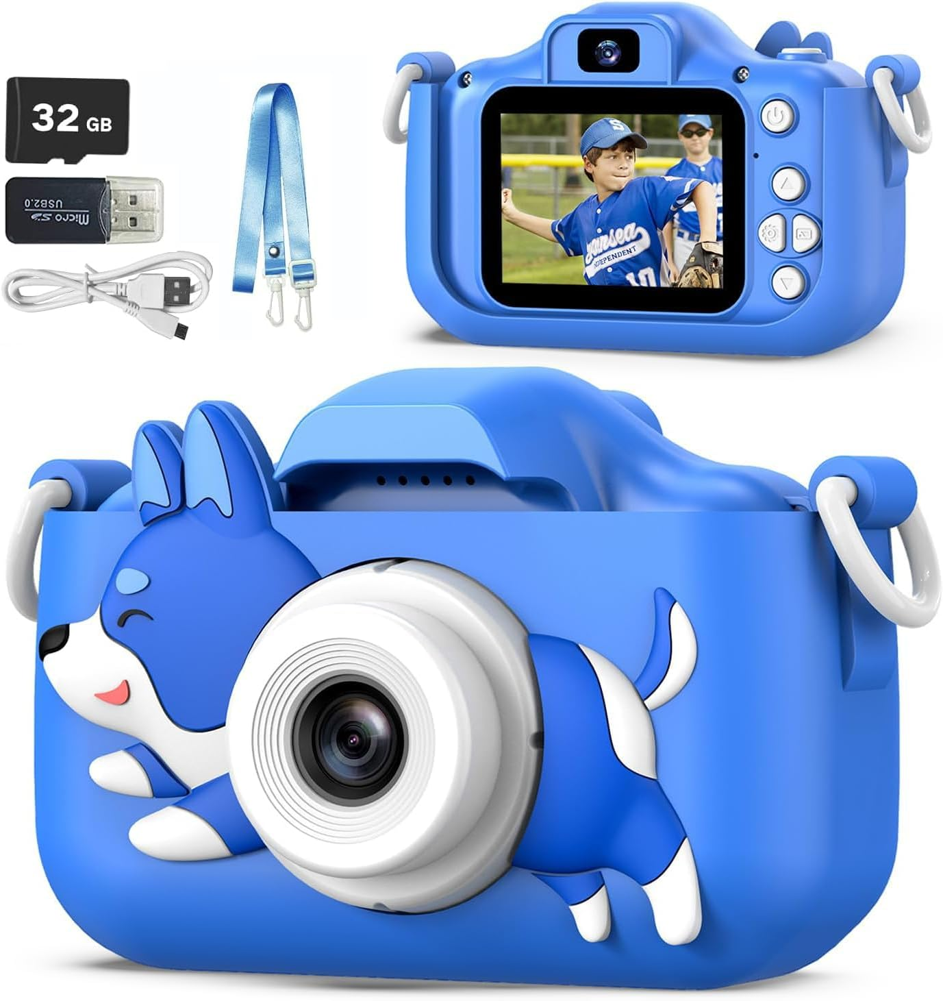 ZONEY Kids Camera Toy for 3 4 5 6 7 8 9 10 11 12 Years Old Boys Girls, Children Digital Video Camera with Cute Cover, Christmas Birthday Gifts for Toddler Age 3-12, 32GB (Blue Dog)