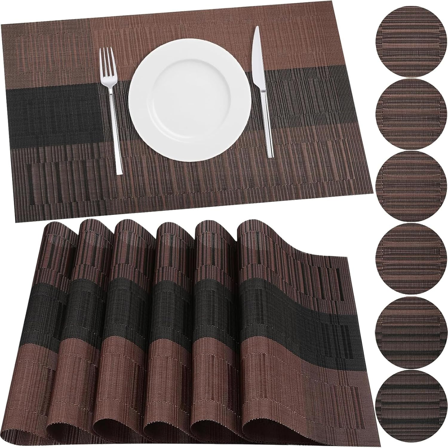 Neween Woven Placemats Set of 6 with 6 Coasters, Heat Resistant Washable Place Mats PVC Table Mats, Non-Slip Woven Vinyl Plastic Placemats for Kitchen Dining Table Easy to Clean (Black)